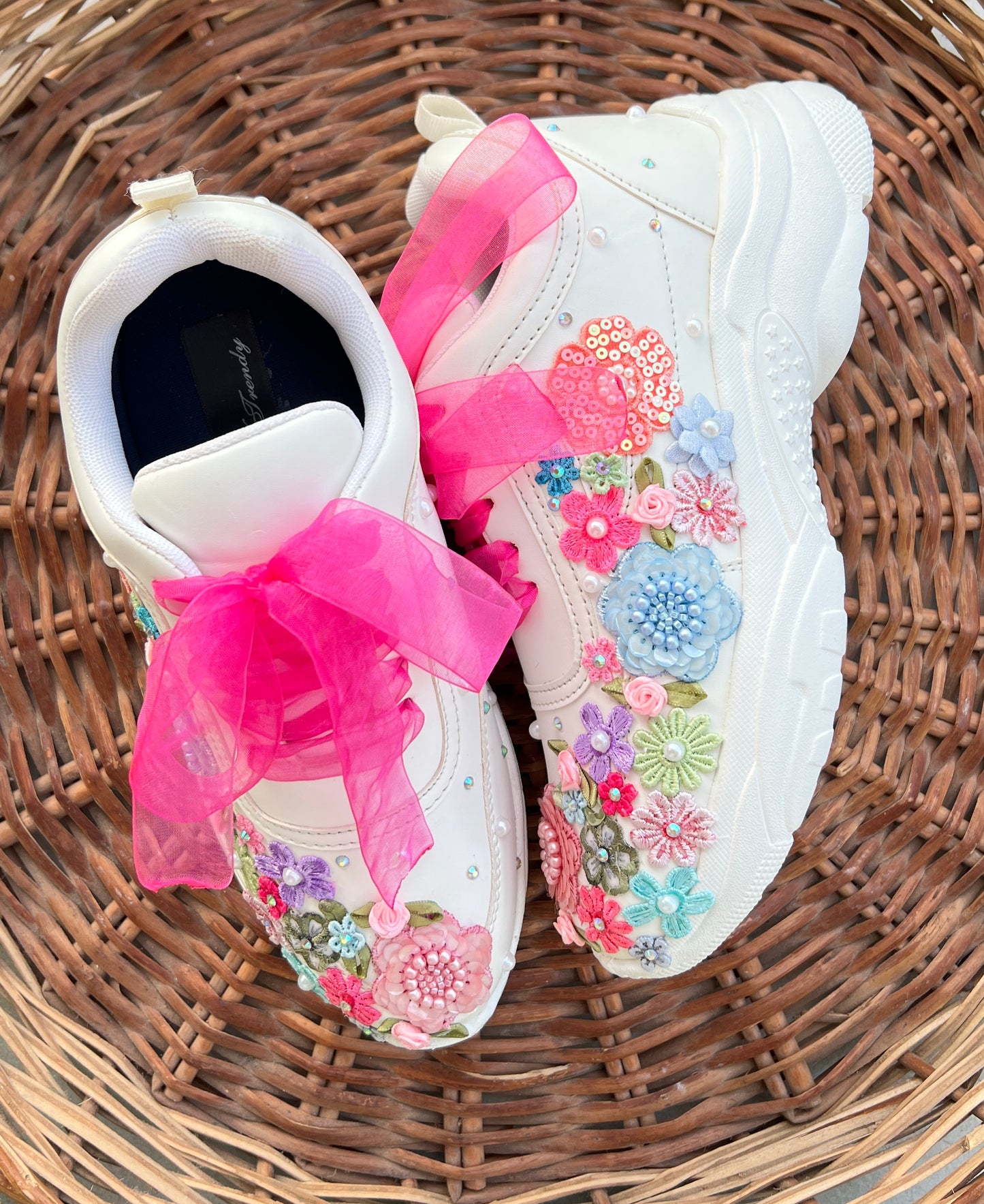 FUNKY N TRENDY hand embroidered floral work sneakers/ white sneakers /bridal shoes / bridal sneakers / floral sneakers/flower shoes /bridesmaid sneakers/ pink shoes / pink sneakers