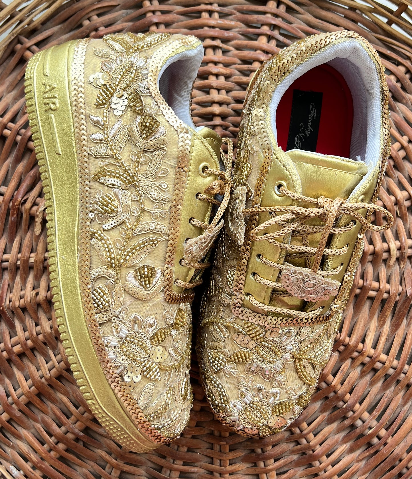 Funky N Trendy Handcrafted Golden Bridal Sneakers – Custom cutdana Embroidery for Brides & Bridesmaids