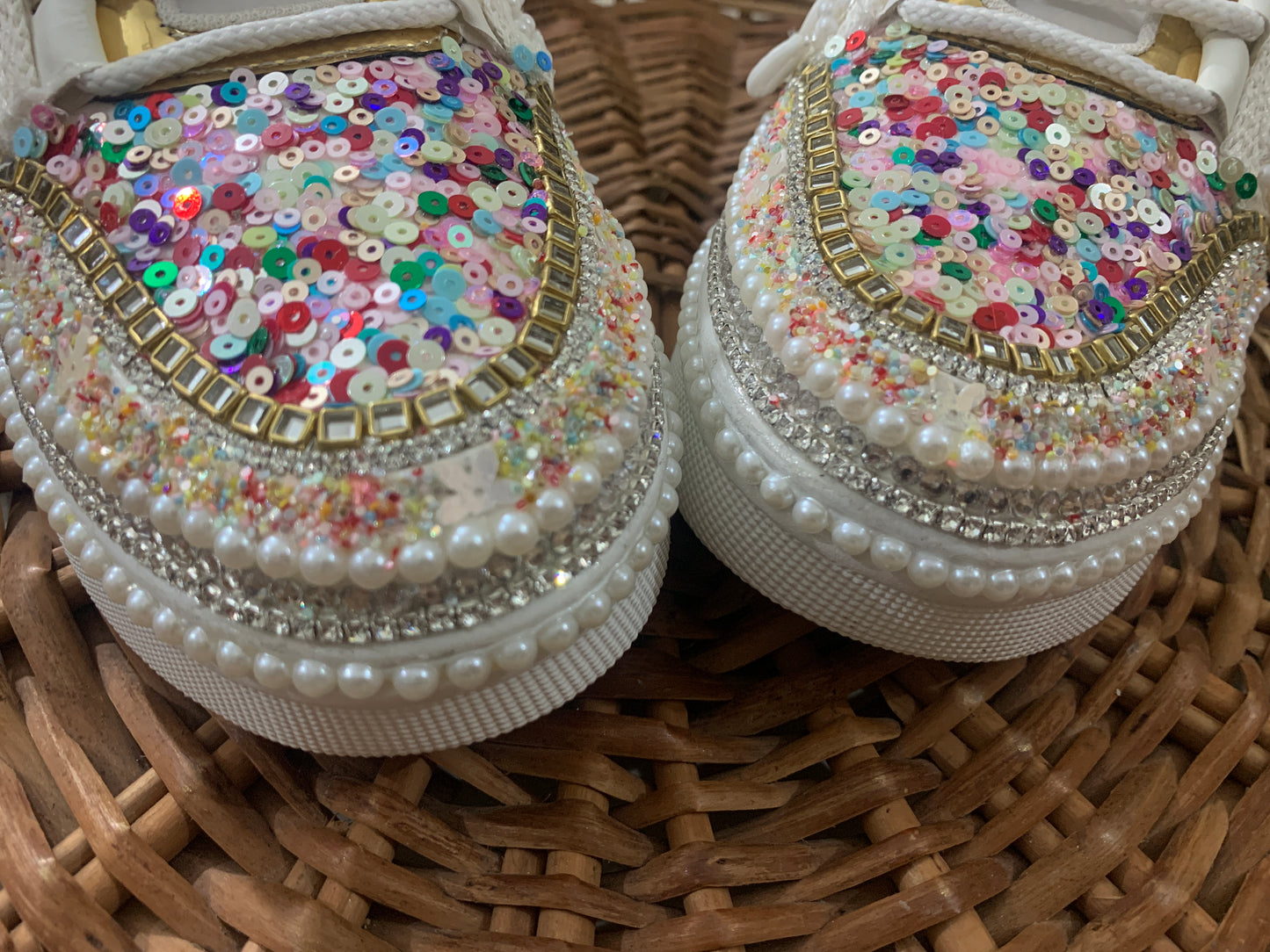 FUNKY N TRENDY ivory sneakers with multi colored detailing for brides /bridesmaids / sneakers for bridesmaids/ handcrafted sneakers/ sequine sneakers / bridal sneakers / bridesmaid sneakers/ ivory sneakers / shell shoes