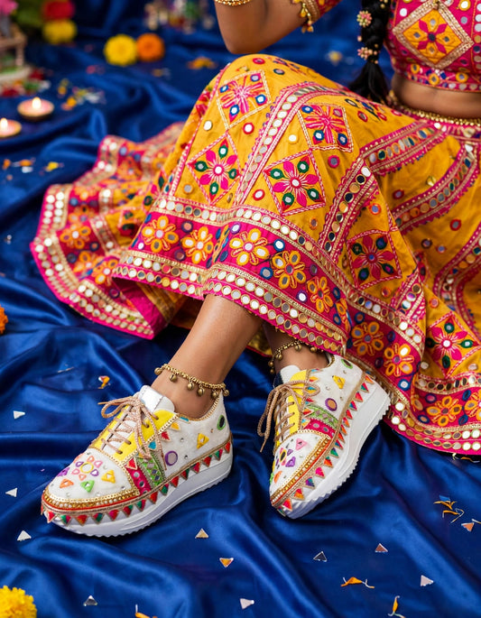 Phulkari Dream - Custom Embroidered Bridal Platform Sneakers | Navratri Sneakers