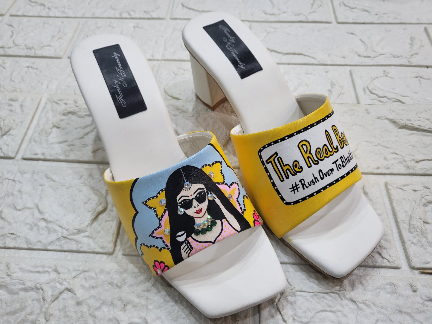 Funky N Trendy Couple footwear/ bridal footwear / groom footwear/ quirky footwear / couple shoes/funky bridal combos / wedding footwear/ couple footwear for haldi mahendi sangeet/hand painted heels/ wedges / yellow shoes for haldi