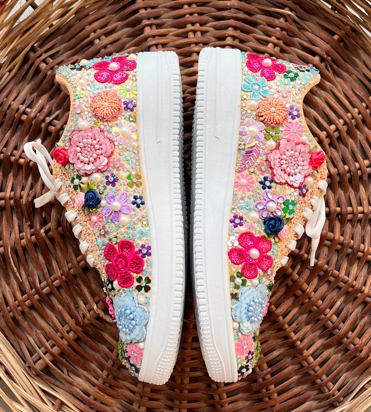 FUNKY N TRENDY fully hand crafted floral work with beads rhinestones cutdana etc /bridal sneakers / bridesmaid sneakers/ floral sneakers /colorful sneakers /bridal shoes / haldi mahendi shoes