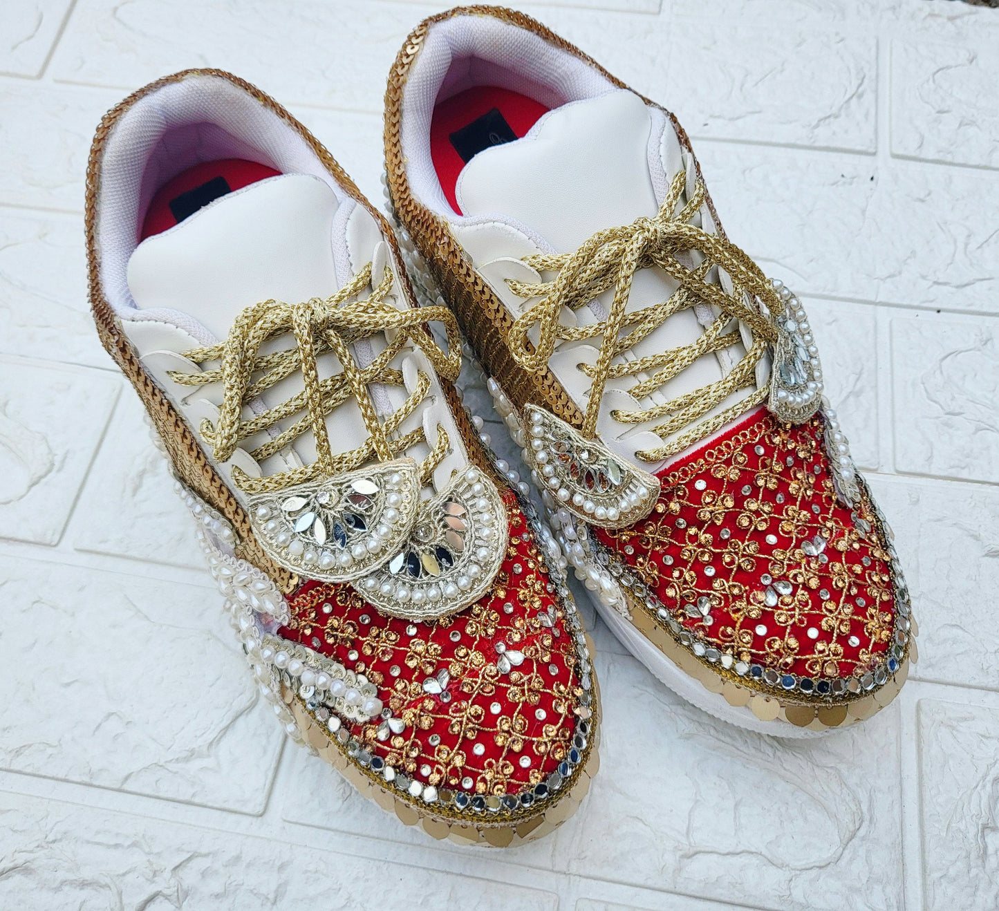FUNKY N TRENDY red sneakers for brides /bridesmaids / sneakers for bridesmaids/ handcrafted sneakers/ mirror sneakers / bridal sneakers / bridesmaid sneakers/ gold sneakers / red sneakers/ sneakers/red shoes