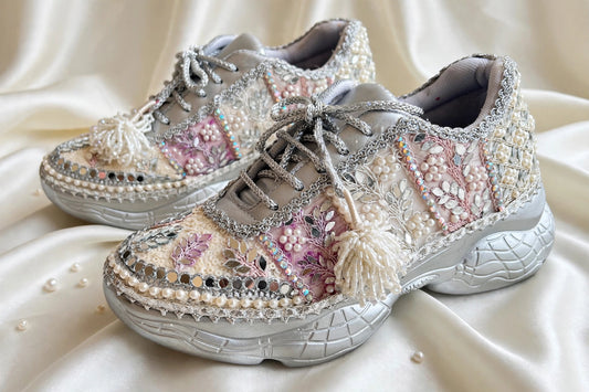 Ivory Blossom - Pearl & Mirror Work Lavender Silver Bridal Sneakers with Latkans