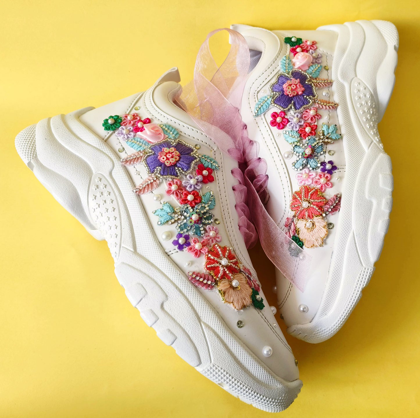 FUNKY N TRENDY “Pastel Garden Handcrafted Sneakers – Floral Magic” with customized wedding date / name initials
