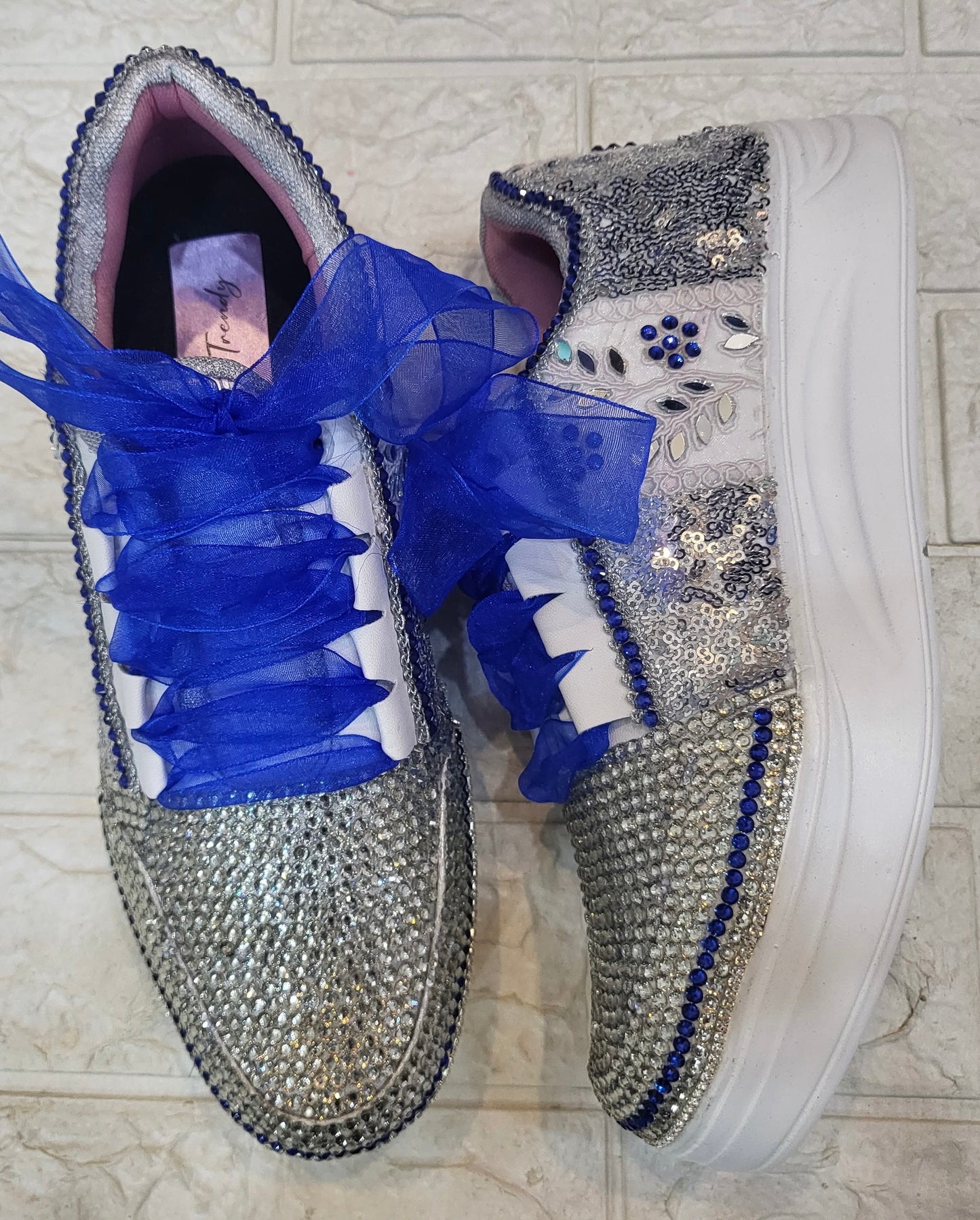 FUNKY N TRENDY rhinestone work bridal sneakers / bridesmaid sneakers/ silver sneakers / silver shoes/ rhinestone sneakers mirror shoes/ bride shoes/ embroidered shoes/ silver and blue sneakers