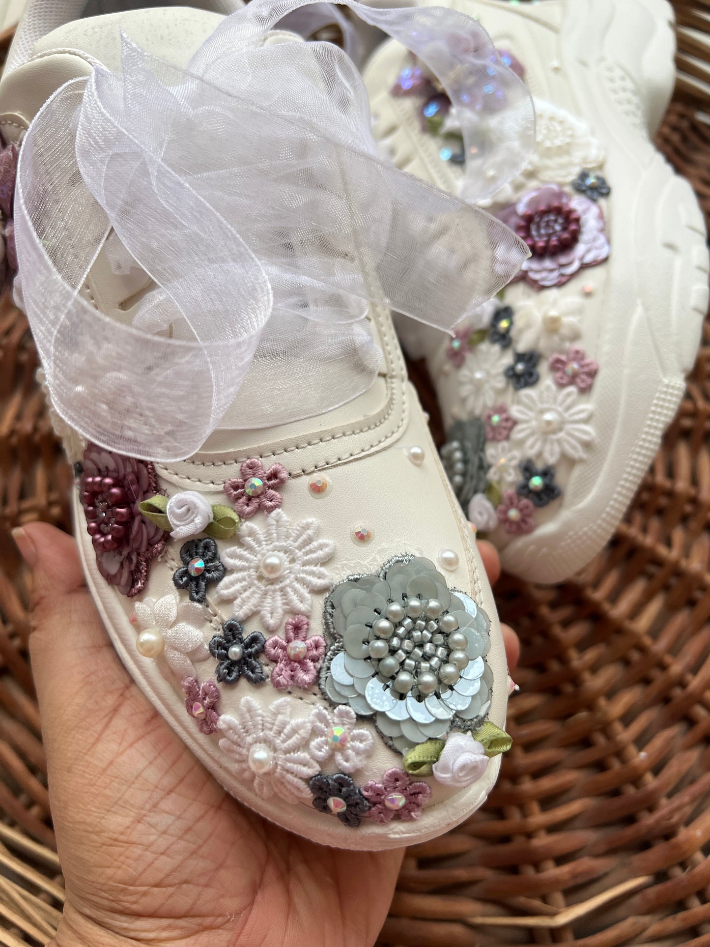 FUNKY N TRENDY hand embroidered floral work sneakers/ white sneakers /bridal shoes / bridal sneakers / floral sneakers/flower shoes /bridesmaid sneakers/ grey shoes / purple sneakers/ white sneakers