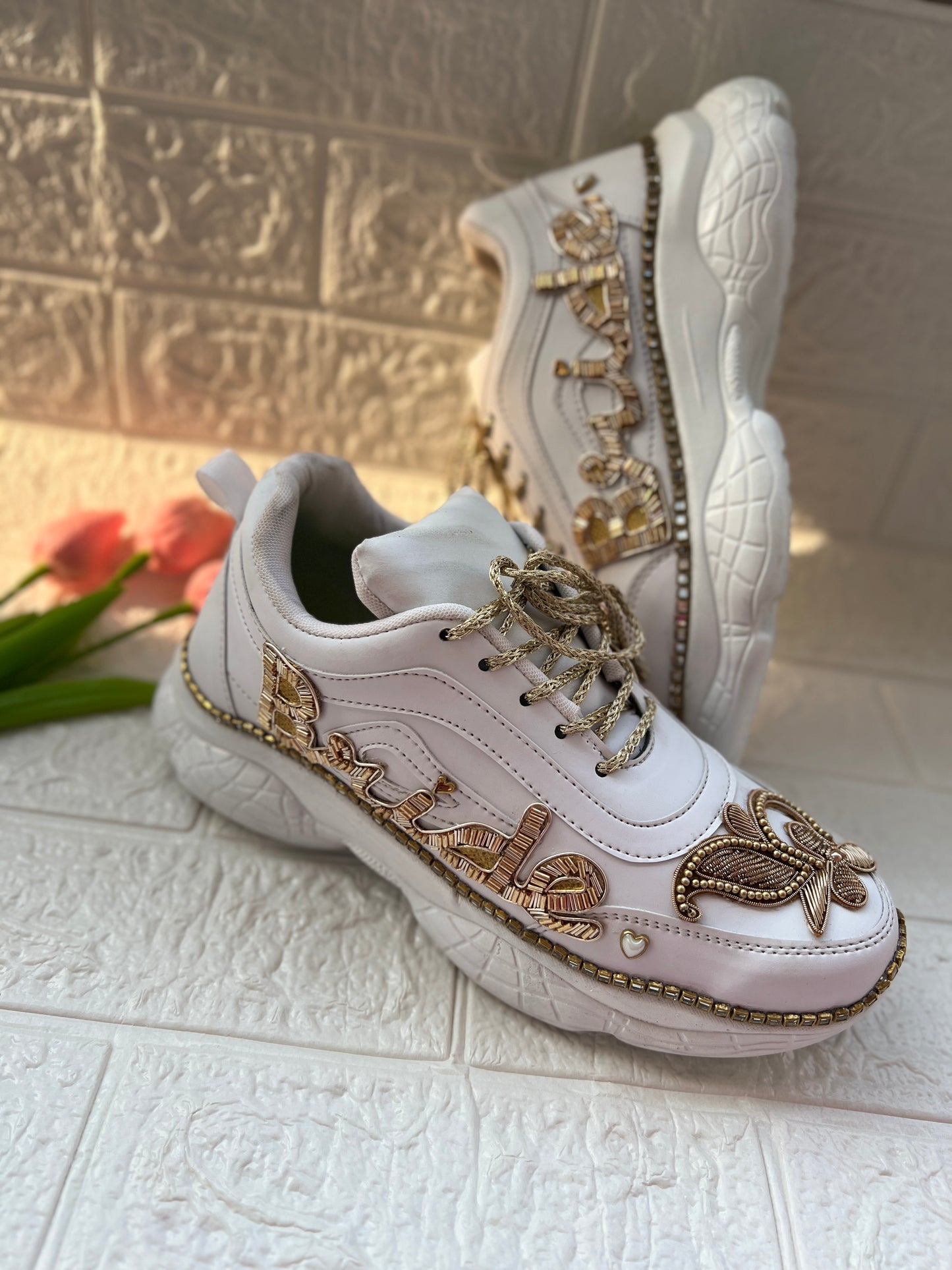 Funky N Trendy hand embroidered Bride word with zardozi and cutdana / bridal sneakers/ sneaker for bride / zardozi sneakers/ golden sneakers for bride / custom wedding date and hashtag