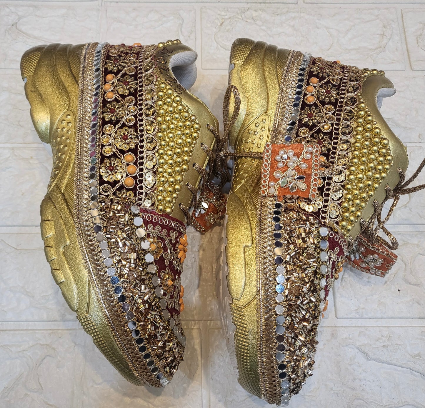 Funky N Trendy Maroon Gold Orange embroidery work bridal sneakers/ bridesmaid sneaker / golden sneakers/ Maroon sneakers / gold shoes/ orange sneakers