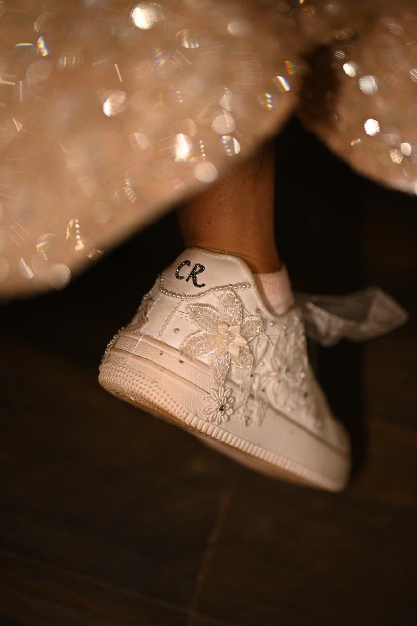 Funky N Trendy white thread work pearl work sneakers with floral detailing / bridal sneakers/ sneaker for bride / white sneakers/ pearl sneakers for bride/custom name initials / wedding date