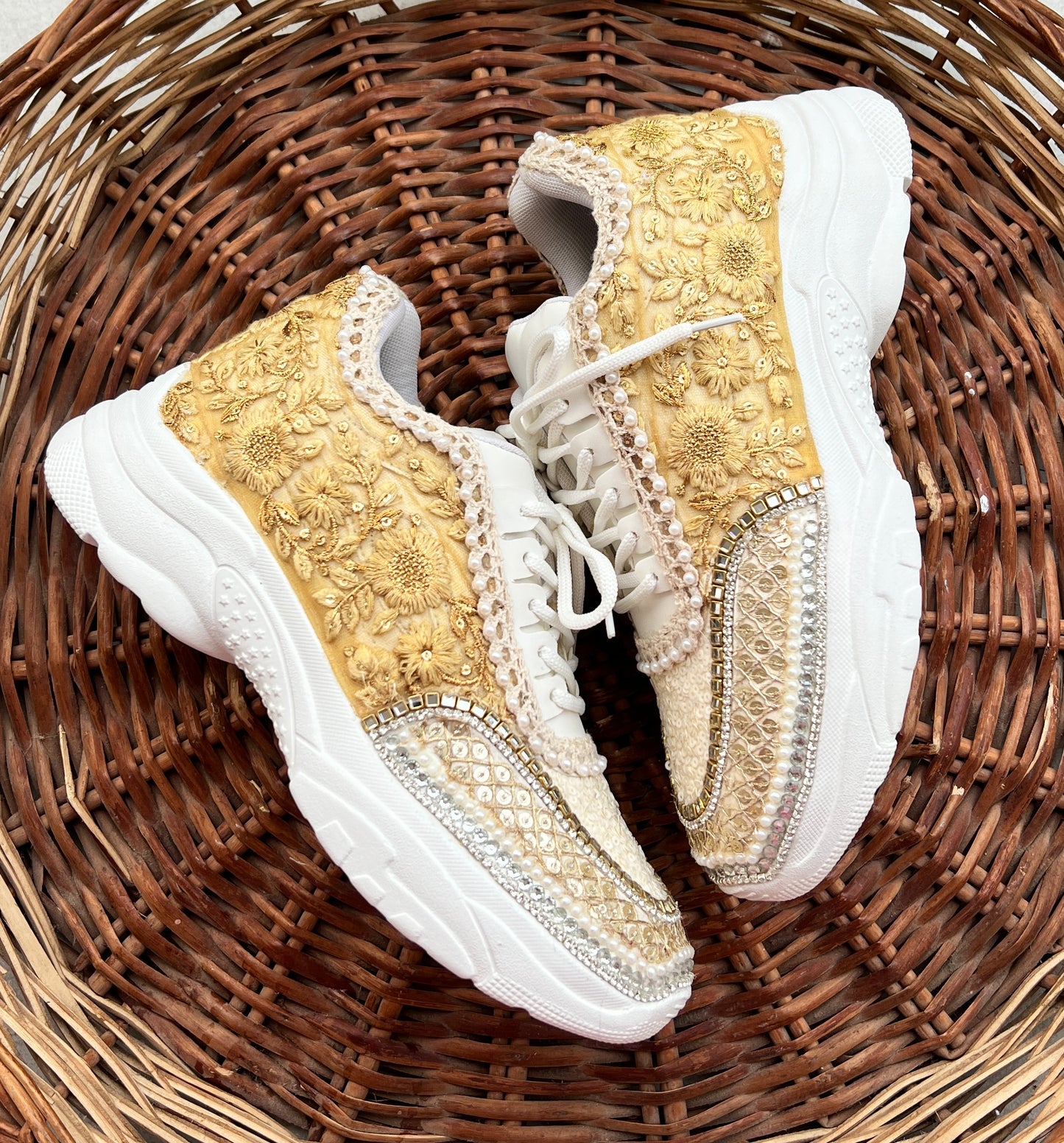 Funky N Trendy ivory / off white embroidery work bridal sneakers/ bridesmaid sneaker / hancrafted sneakers / gold sneakers / golden sneakers