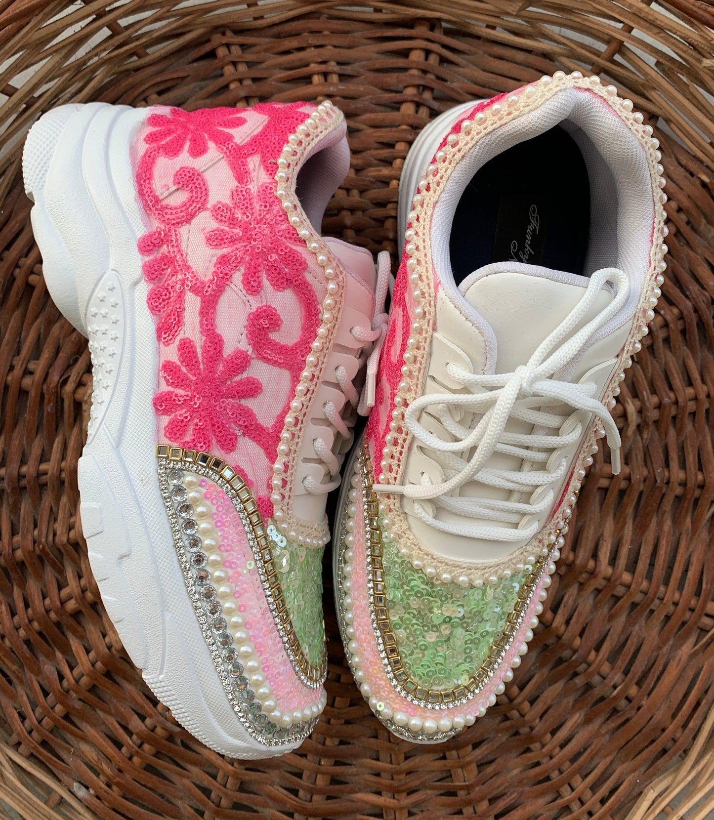 FUNKY N TRENDY hand embroidered pink and green floral work sneakers / bridal sneakers / pink sneakers / pink and green sneakers for brides or bridesmaid