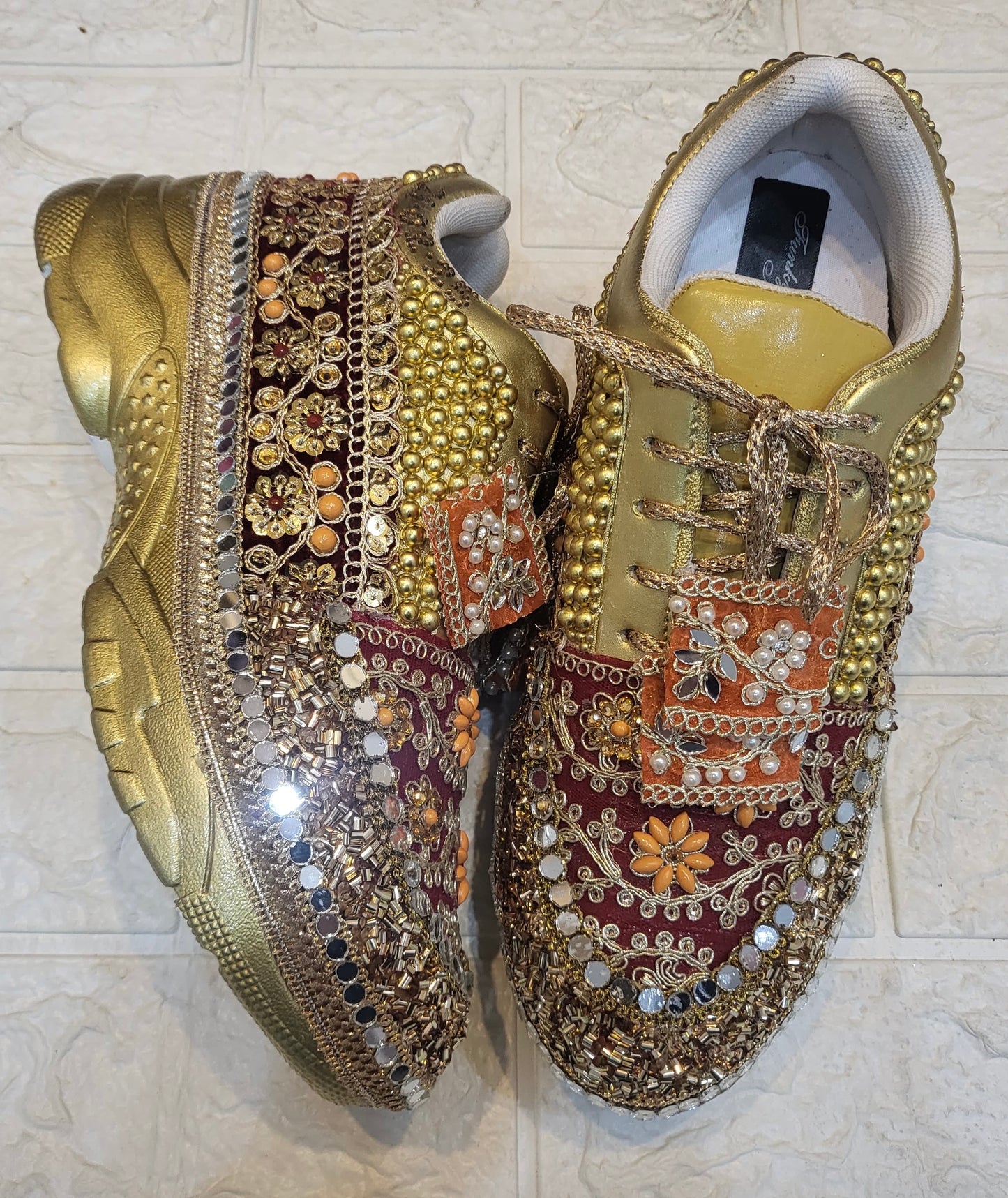 Funky N Trendy Maroon Gold Orange embroidery work bridal sneakers/ bridesmaid sneaker / golden sneakers/ Maroon sneakers / gold shoes/ orange sneakers