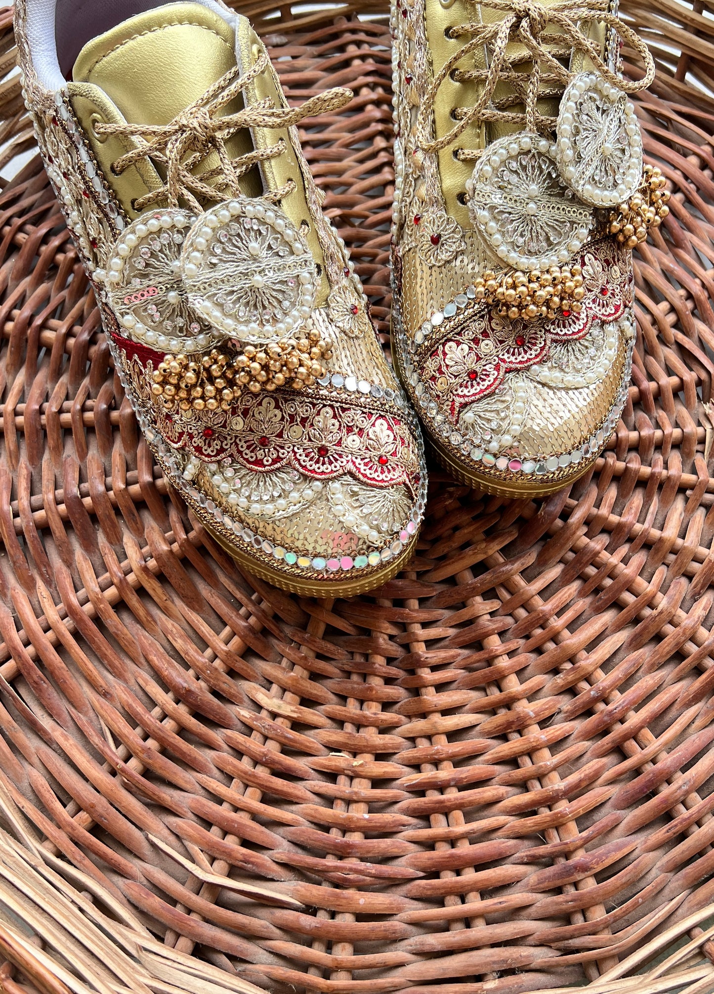 Funky N Trendy Maroon & Gold embroidery work bridal sneakers/ bridesmaid sneaker / golden sneakers/ Maroon sneakers / gold shoes