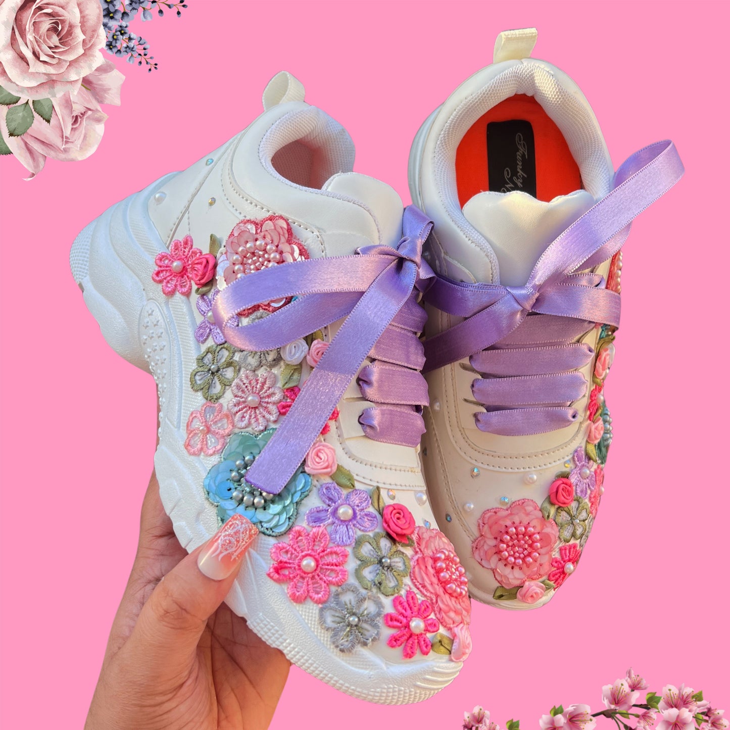 FUNKY N TRENDY hand embroidered floral work sneakers/ white sneakers /bridal shoes / bridal sneakers / floral sneakers/flower shoes /bridesmaid sneakers/ pink shoes / pink sneakers