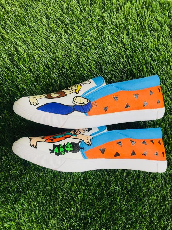 Funky N Trendy hand painted water resistant Flintstones theme white shoes/ white shoes / blue shoes / funky shoes
