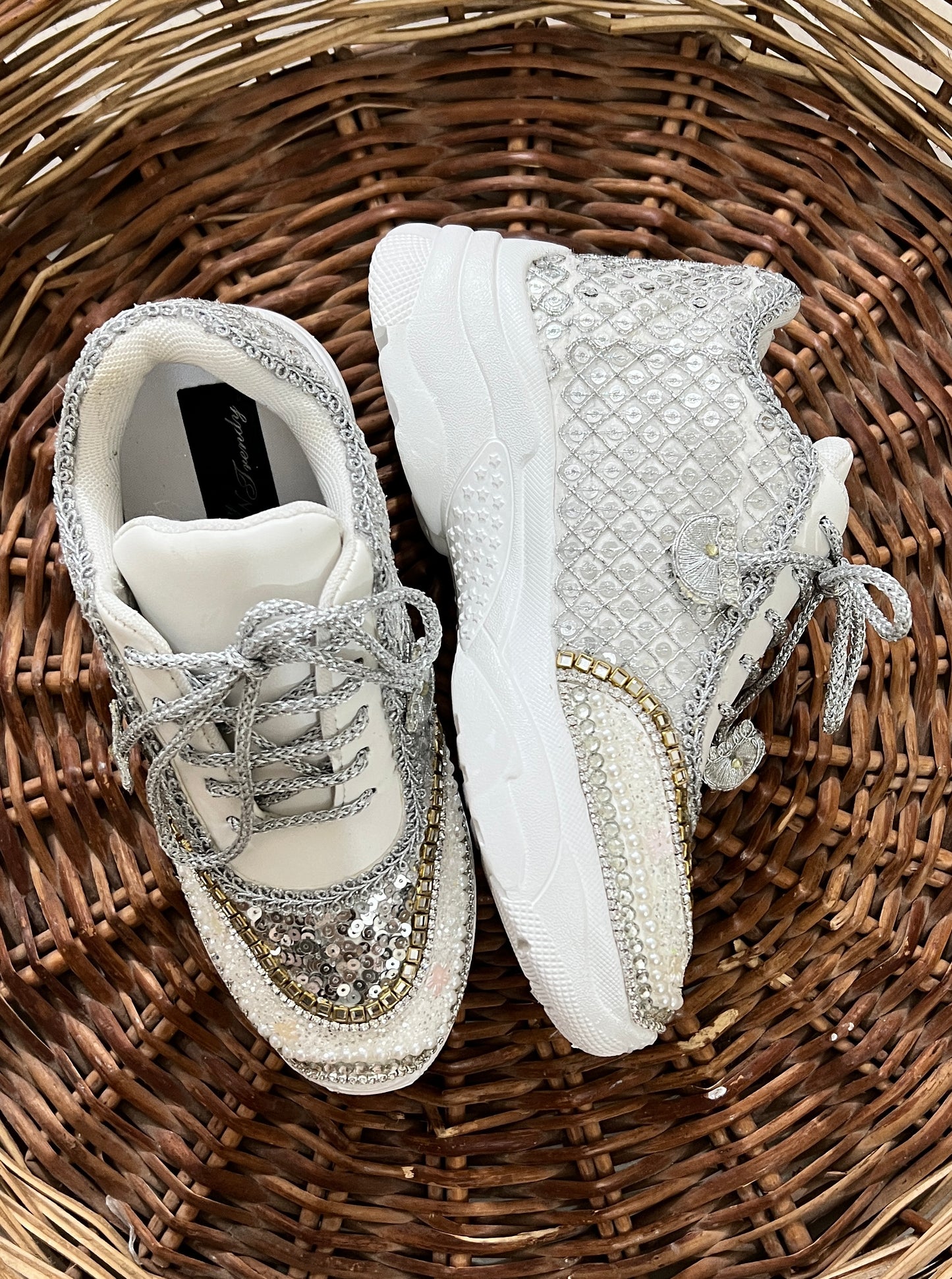 FUNKY N TRENDY hand work bridal sneakers / bridesmaid sneakers/ silver sneakers / silver shoes/mirror sneakers mirror shoes/ bride shoes/ embroidered shoes