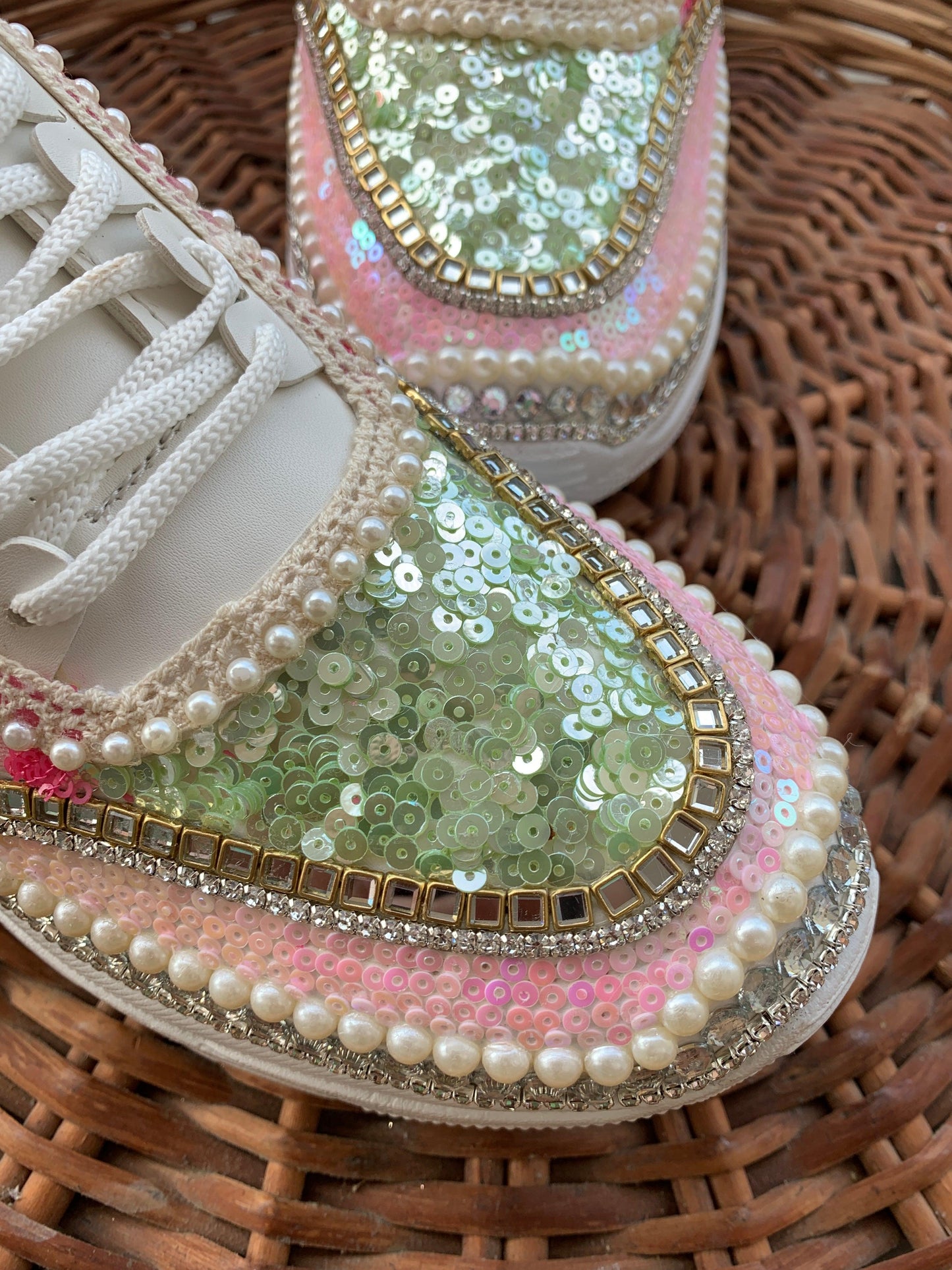 FUNKY N TRENDY hand embroidered pink and green floral work sneakers / bridal sneakers / pink sneakers / pink and green sneakers for brides or bridesmaid