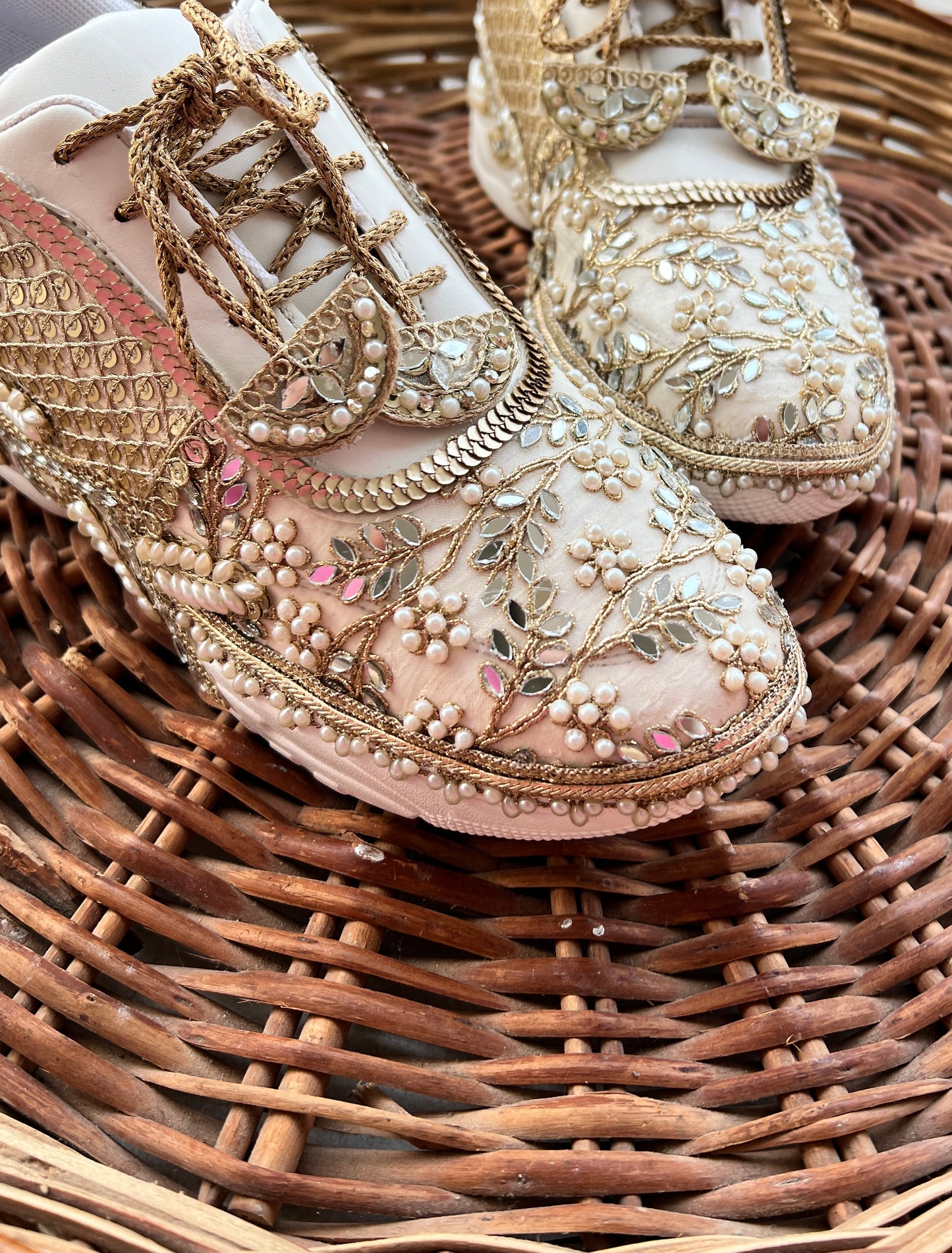 Funky N Trendy ivory / embroidery work bridal sneakers/ bridesmaid sneaker / hancrafted sneakers / gold sneakers / golden sneakers/ mirror sneakers / pearl sneakers