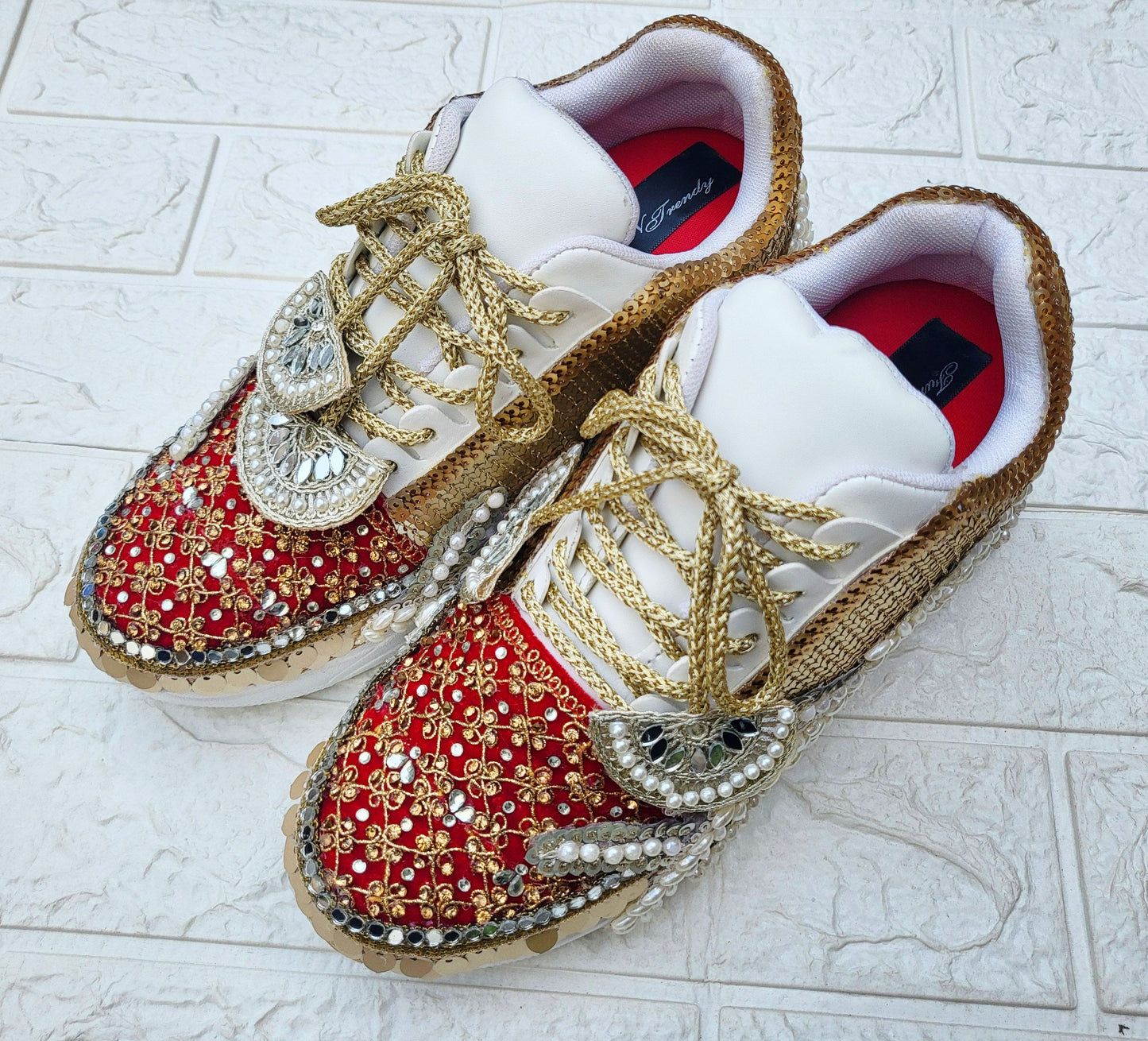 FUNKY N TRENDY red sneakers for brides /bridesmaids / sneakers for bridesmaids/ handcrafted sneakers/ mirror sneakers / bridal sneakers / bridesmaid sneakers/ gold sneakers / red sneakers/ sneakers/red shoes