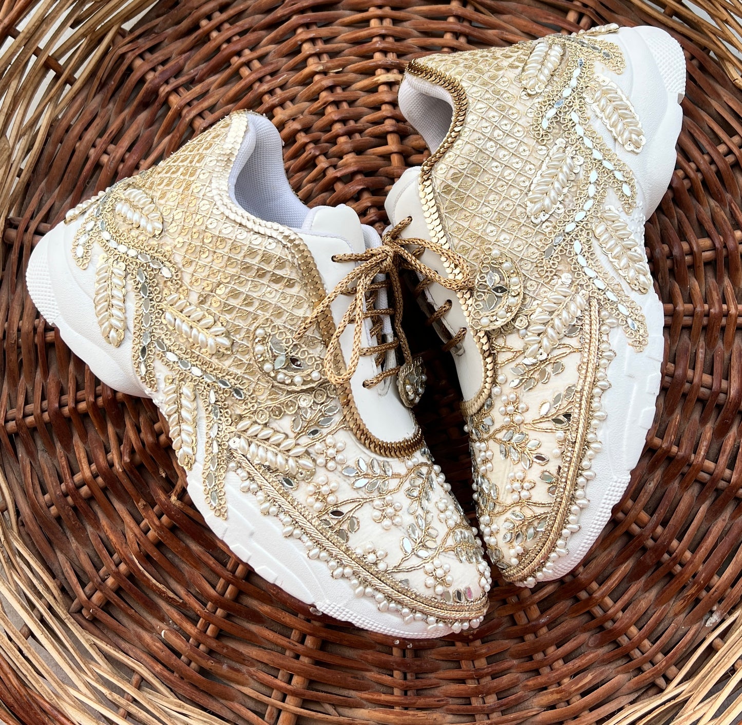 Funky N Trendy ivory / embroidery work bridal sneakers/ bridesmaid sneaker / hancrafted sneakers / gold sneakers / golden sneakers/ mirror sneakers / pearl sneakers