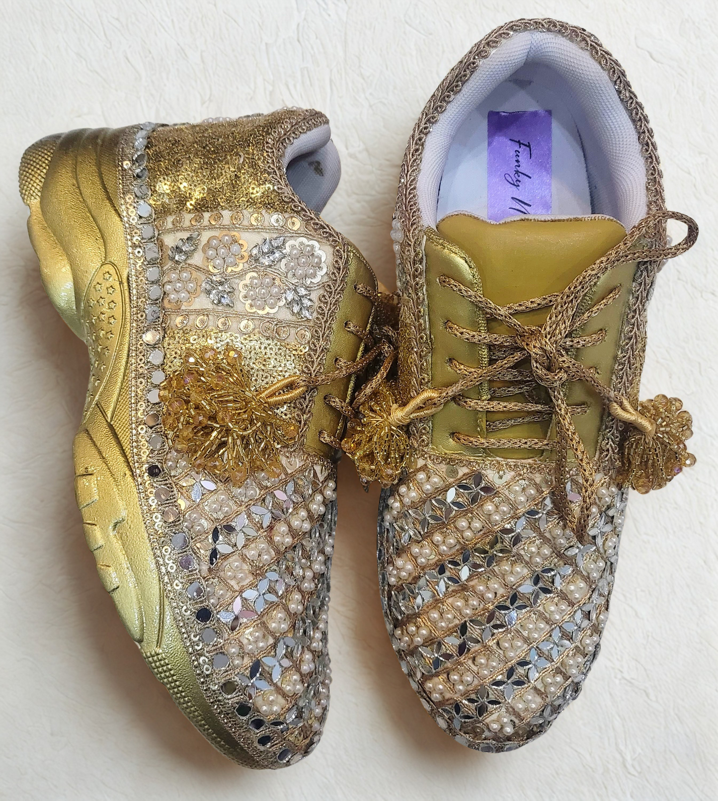 FUNKY N TRENDY gold sneakers for brides / gold sneakers for bridesmaids/ gold sneakers / bridal sneakers / bridesmaid sneakers/ golden hand work sneakers / gold sneakers / embroidered sneakers