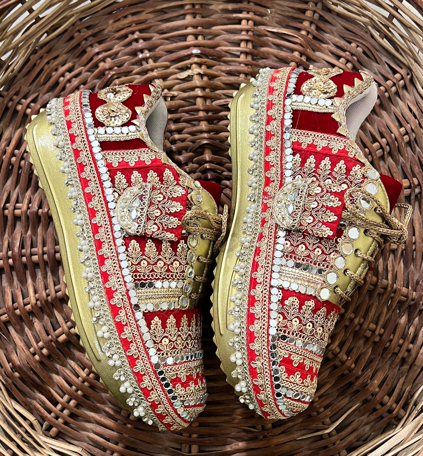 FUNKY N TRENDY red and gold bridal sneakers / bridesmaid sneakers/ golden sneakers / gold sneakers / red shoes / red bridal sneakers / embroidered shoes / embroidered sneakers
