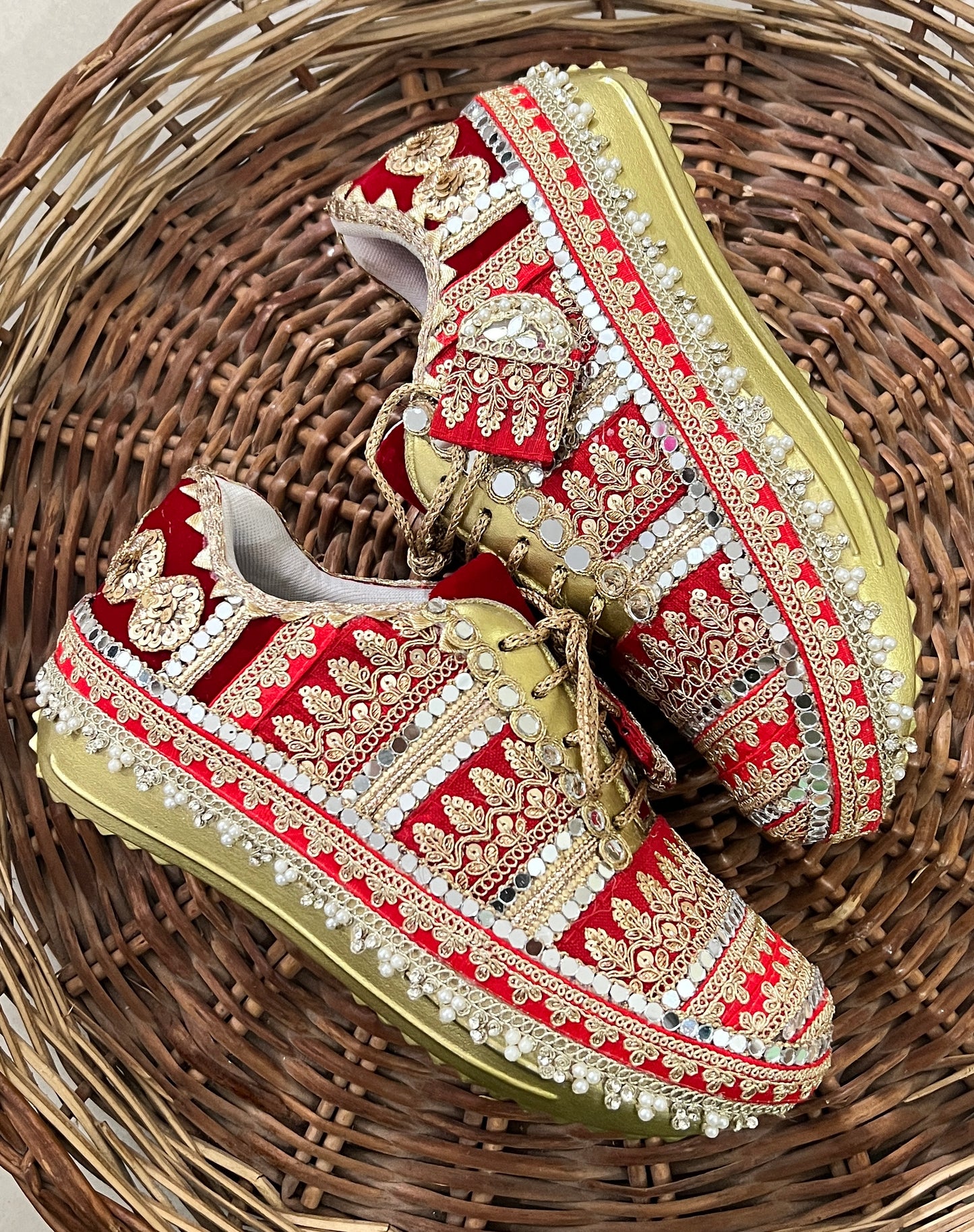 FUNKY N TRENDY red and gold bridal sneakers / bridesmaid sneakers/ golden sneakers / gold sneakers / red shoes / red bridal sneakers / embroidered shoes / embroidered sneakers