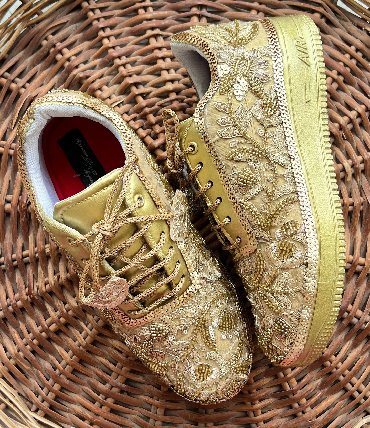 Funky N Trendy Handcrafted Golden Bridal Sneakers – Custom cutdana Embroidery for Brides & Bridesmaids