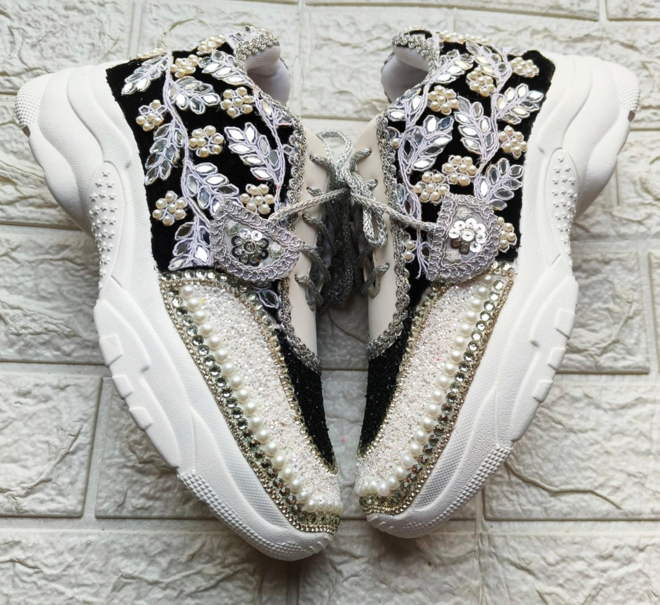Funky N Trendy handcrafted mirror work bridal sneakers/ bridesmaid sneaker / black sneakers /black boho sneakers/ black shoes/ mirror sneakers/ black shoes