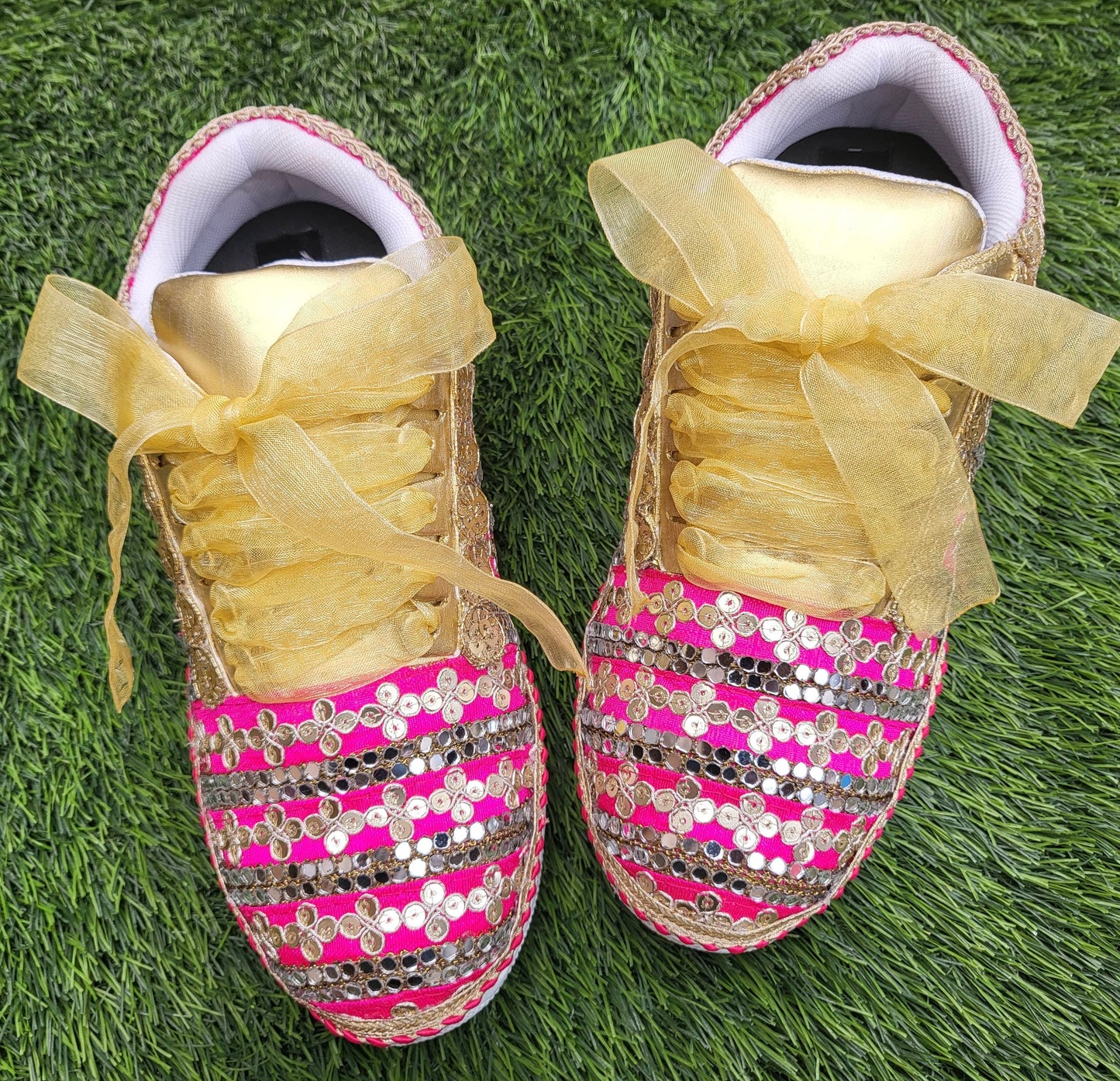 Funky N Trendy Hot pink zari work with mirror detailing bridal sneakers/ bridesmaid sneaker / golden sneakers/ hot pink sneakers / pink shoes for bride/ rani pink sneakers