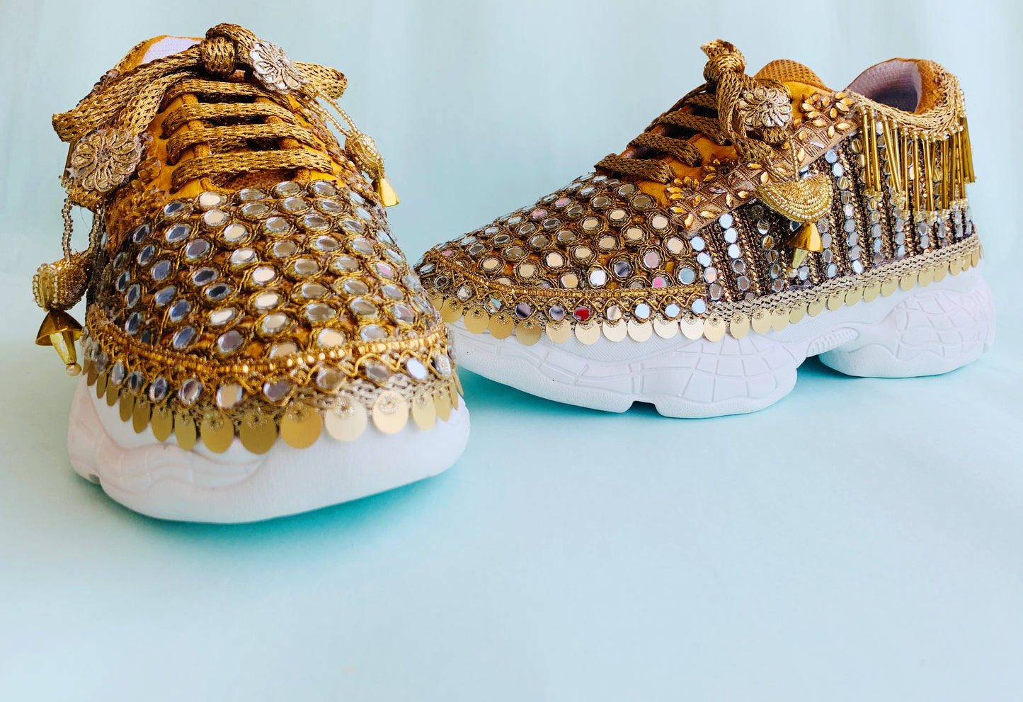 FUNKY N TRENDY gold mirror heeled sneakers for brides and bridesmaids