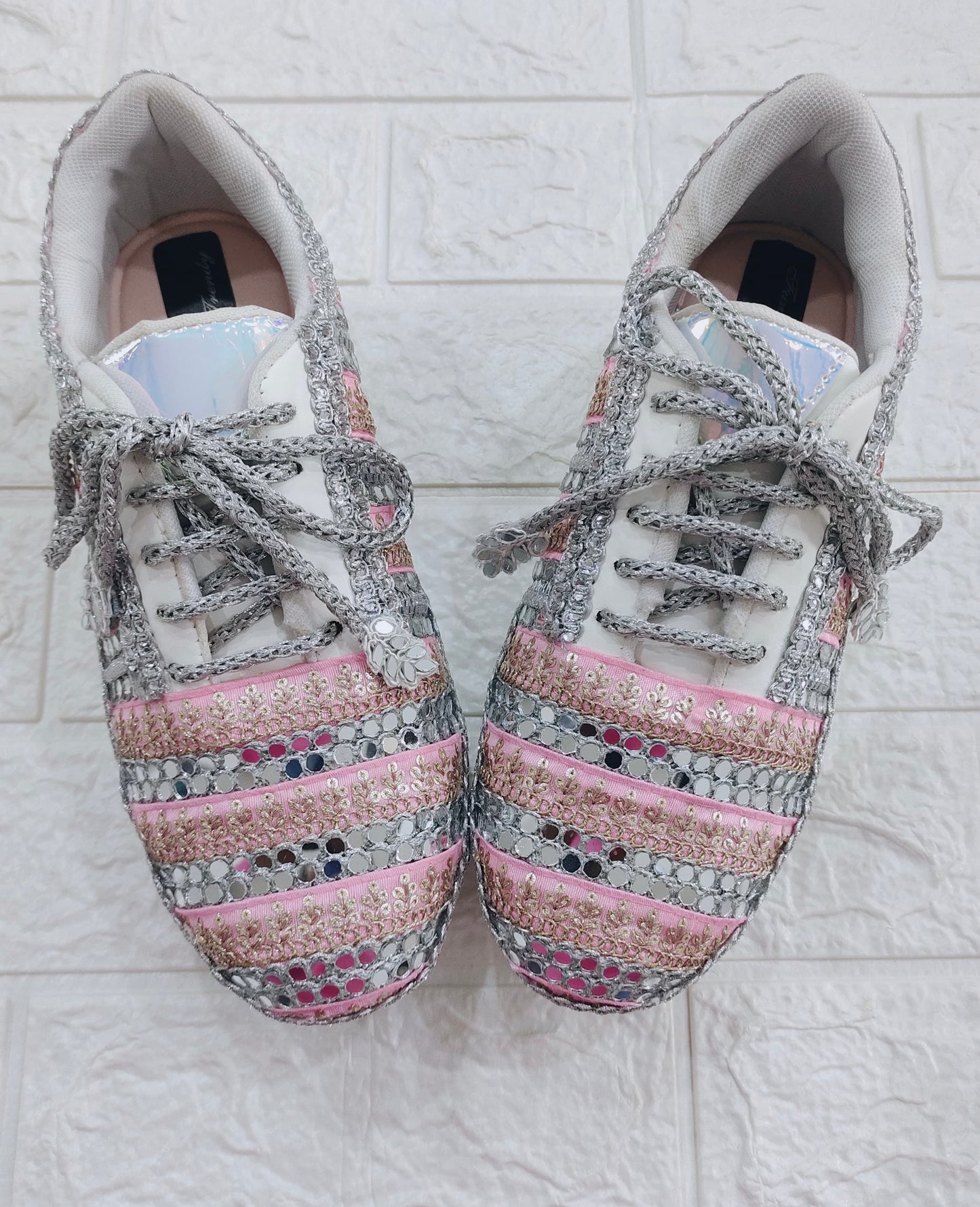 FUNKY N TRENDY pink and silver hand work sneakers for brides / bridesmaids/ pink sneakers / mirror sneakers / pink shoes / pink and silver sneakers/ embroidered sneakers