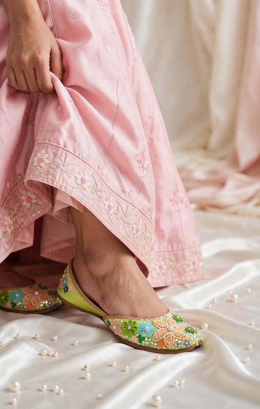 FUNKY N TRENDY “Green Pastel Garden Handcrafted Juttis – Floral Magic” - Green Carnival juttis