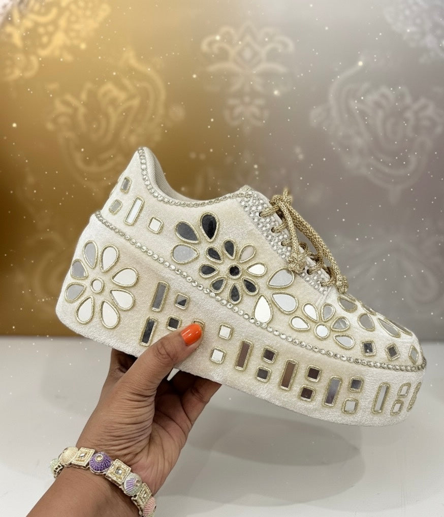 FUNKY N TRENDY Hand embroidered Mirror sneakers - wedge sneakers heeled sneakers/ gold sneakers/ ivory beige sneakers