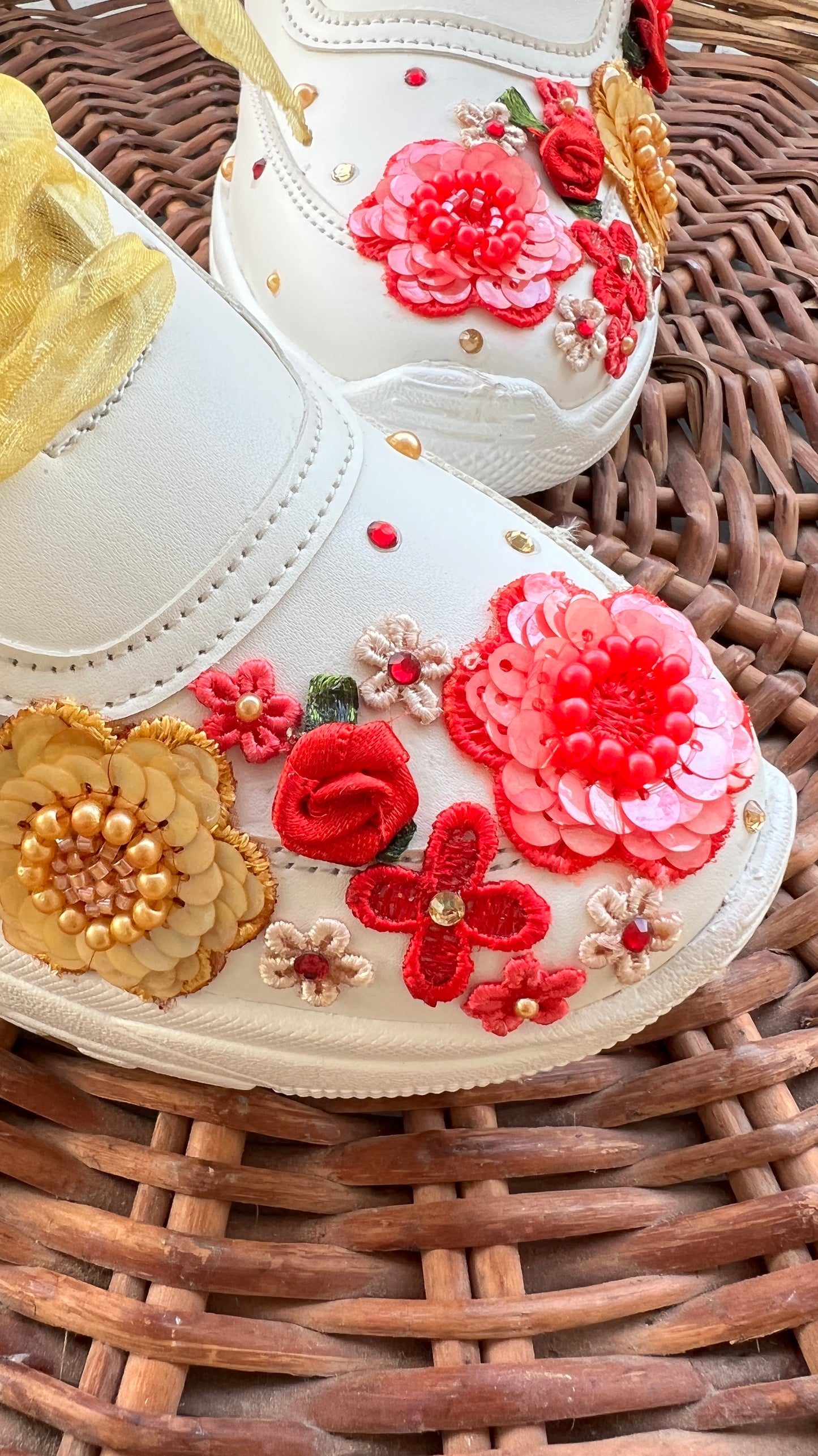 FUNKY N TRENDY red and gold floral theme bridal sneakers / bridesmaid sneakers/floral sneakers