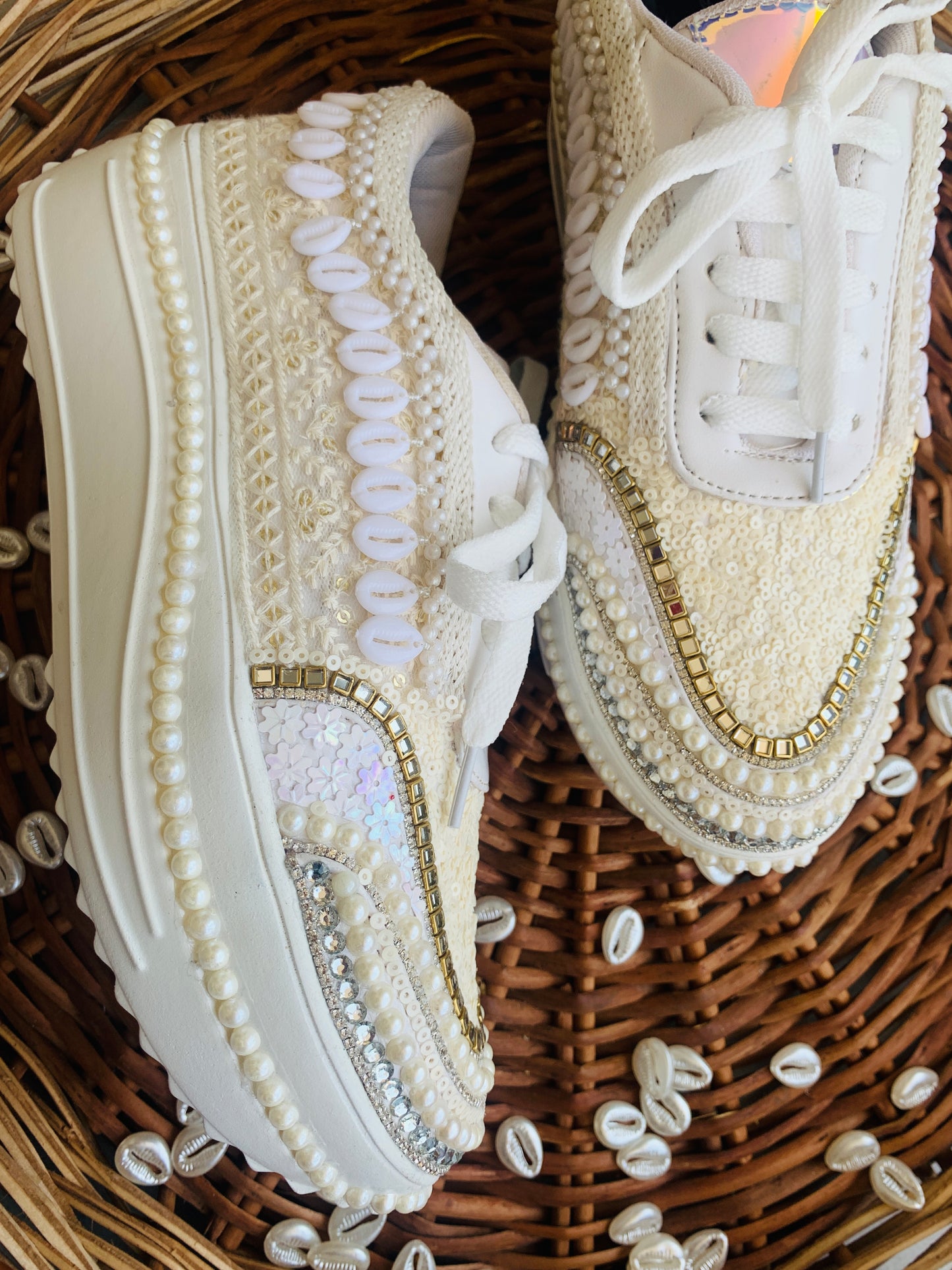 FUNKY N TRENDY ivory minimalistic sneakers with pearl detailing for brides /bridesmaids / sneakers for bridesmaids/ handcrafted sneakers/ sequine sneakers / bridal sneakers / bridesmaid sneakers/ ivory sneakers / minimal shoes