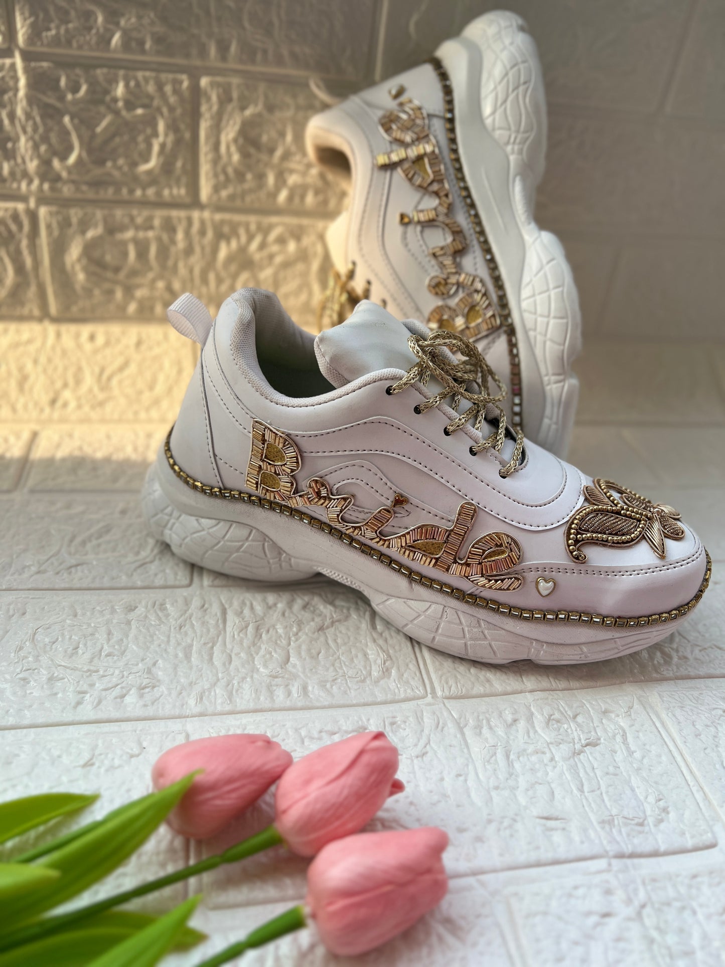 Funky N Trendy hand embroidered Bride word with zardozi and cutdana / bridal sneakers/ sneaker for bride / zardozi sneakers/ golden sneakers for bride / custom wedding date and hashtag