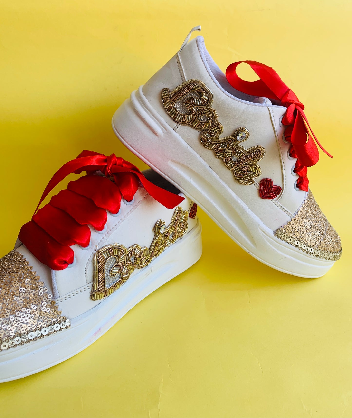 Funky N Trendy hand embroidered Bride word with zardozi and cutdana / bridal sneakers/ sneaker for bride / zardozi sneakers/ golden sneakers for bride