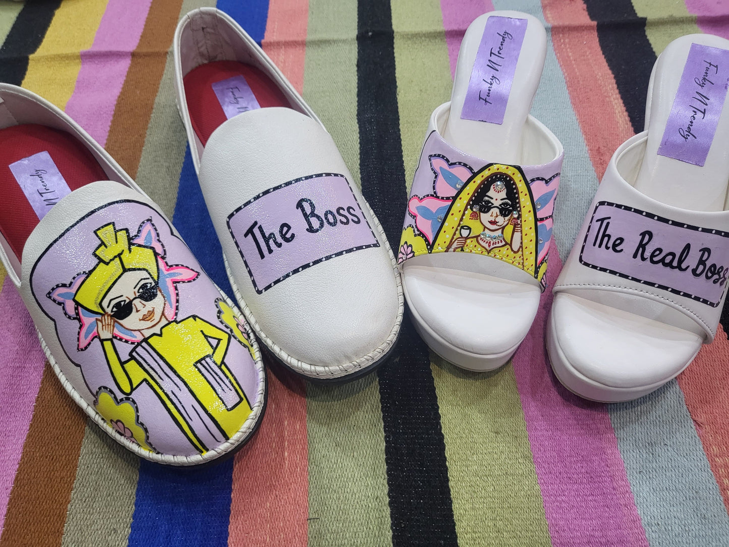 Funky N Trendy Couple footwear/ bridal footwear / groom footwear/ quirky footwear / couple shoes/funky bridal combos / wedding footwear/ couple footwear for haldi mahendi sangeet/hand painted heels/ wedges / yellow shoes for haldi