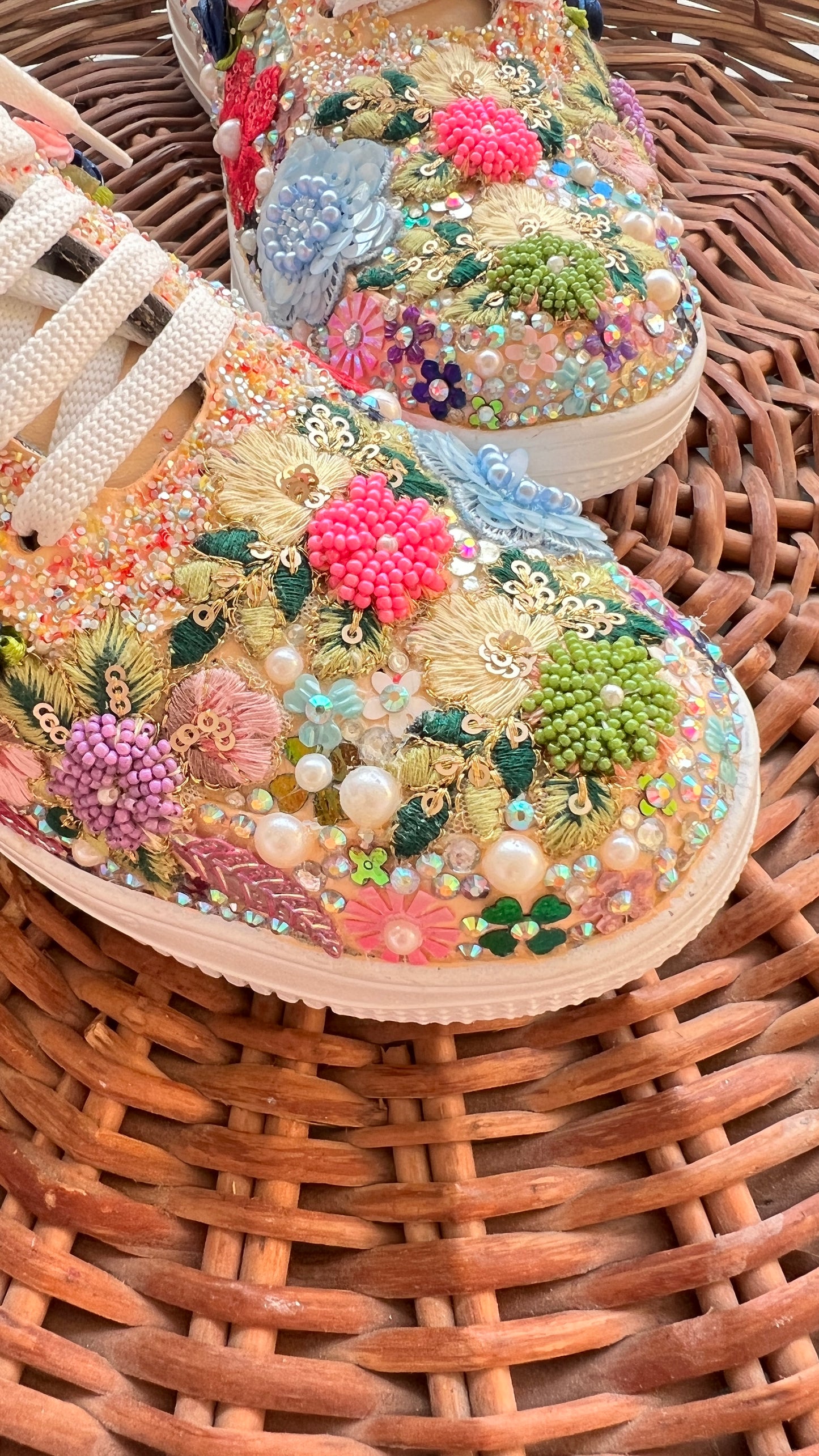 FUNKY N TRENDY fully hand crafted floral work with beads rhinestones cutdana etc /bridal sneakers / bridesmaid sneakers/ floral sneakers /colorful sneakers /bridal shoes / haldi mahendi shoes