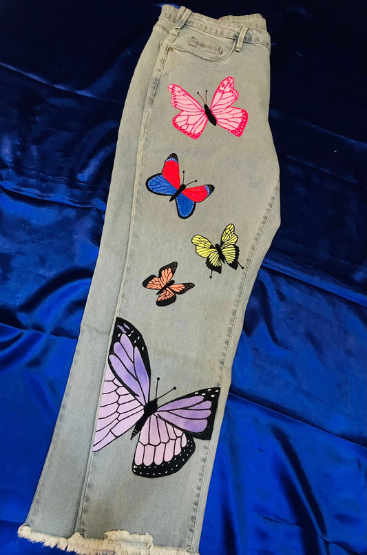 Funky N Trendy hand painted butterfly theme denim jeans for women
