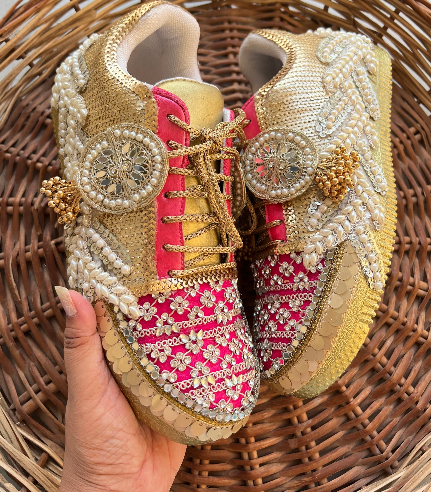 FUNKY N TRENDY hot pink sneakers with rhinestone detailing for brides /bridesmaids / sneakers for bridesmaids/ handcrafted sneakers/ sequine sneakers / bridal sneakers / bridesmaid sneakers/ pink sneakers / gold shoes/ rani pink sneakers