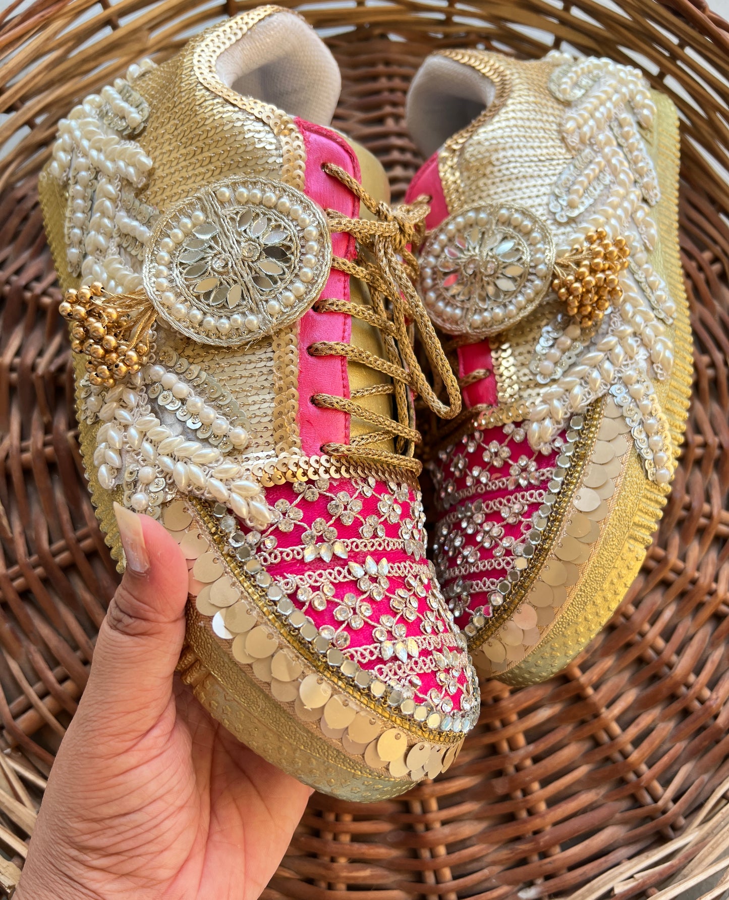 FUNKY N TRENDY hot pink sneakers with rhinestone detailing for brides /bridesmaids / sneakers for bridesmaids/ handcrafted sneakers/ sequine sneakers / bridal sneakers / bridesmaid sneakers/ pink sneakers / gold shoes/ rani pink sneakers