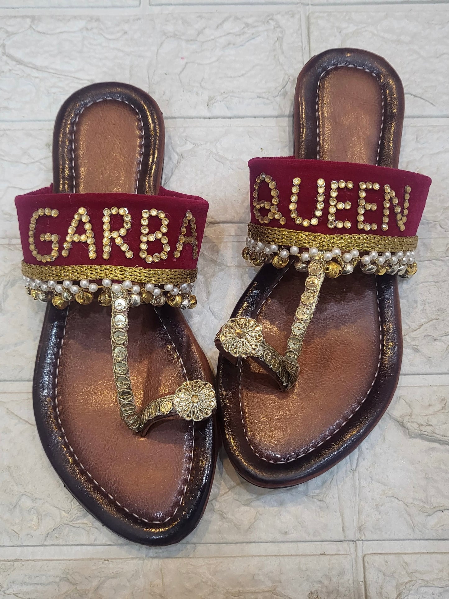 FUNKY N TRENDY hand crafted Garba/ Dandiya theme rani kolhapuri for women / handcrafted flats / quirky flats/ Garba Queen kolhpauri / customised flats / pink flats / haldi theme kolhapuri