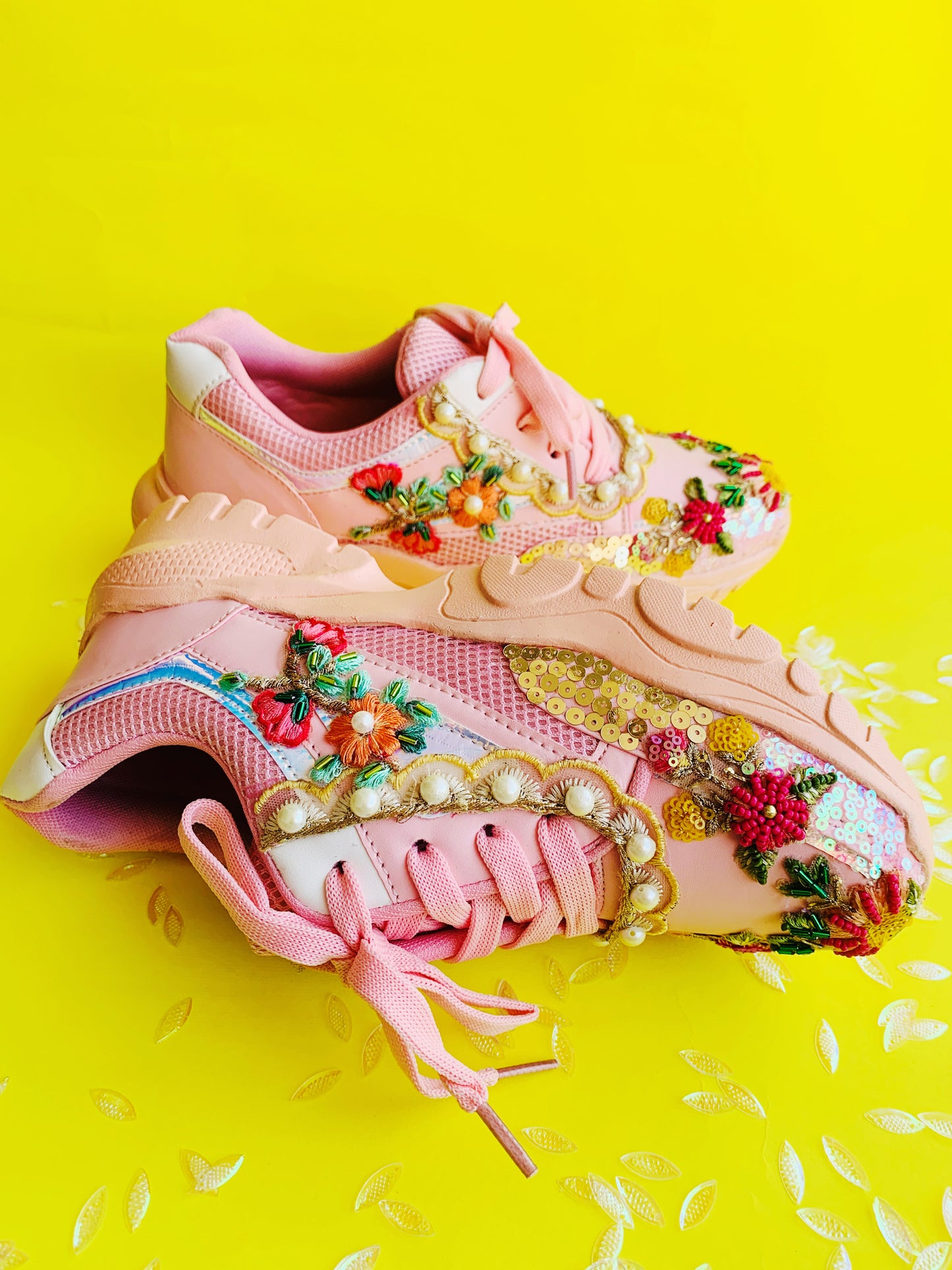 Funky N Trendy Pink sequine and floral work with beads detailing bridal sneakers/ bridesmaid sneaker / pink sneakers/ hot pink sneakers / pink shoes for bride/ rani pink sneakers