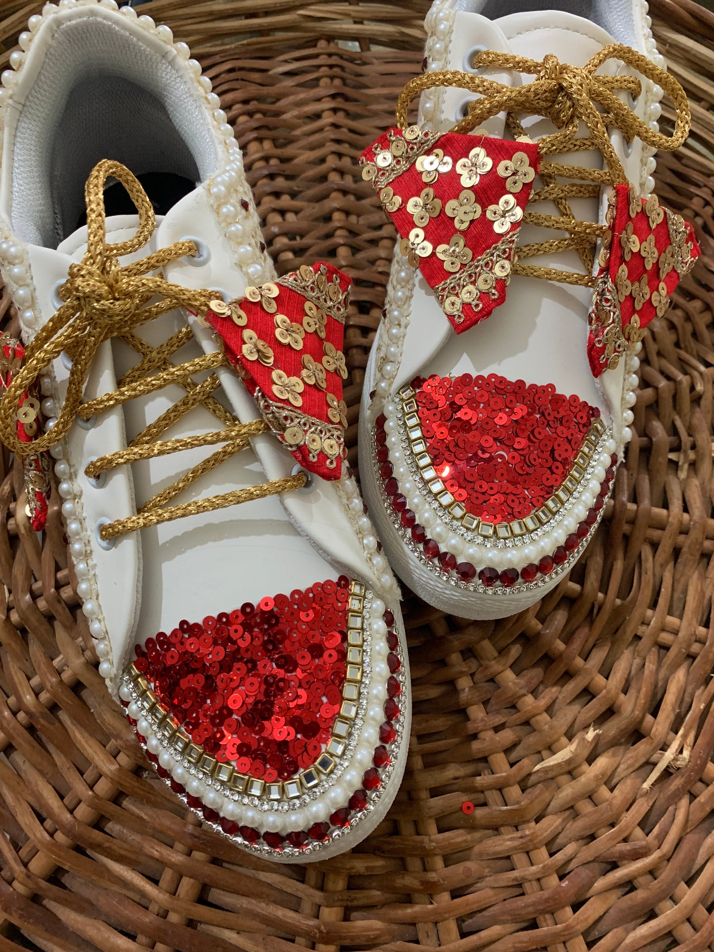 Funky N Trendy ivory and red embroidery work bridal sneakers/ bridesmaid sneaker / golden sneakers/ red sneakers / sequine work sneakers