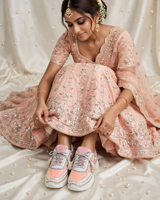 FUNKY N TRENDY peach/pink / pink embroidery sneakers with pearls detailing for brides / bridesmaid sneakers/ pink shoes / peach shoes/ bridal sneakers