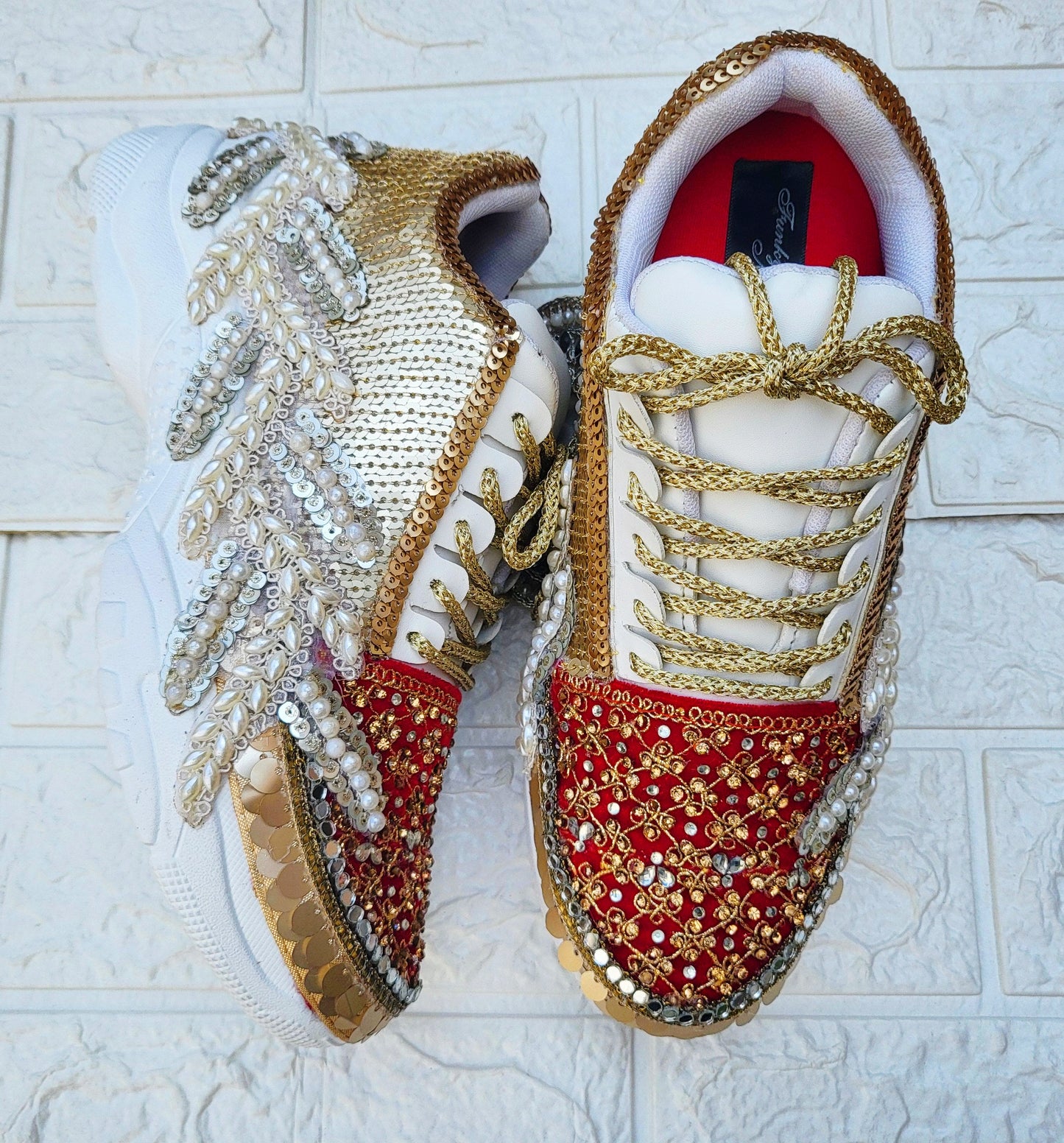 FUNKY N TRENDY red sneakers for brides /bridesmaids / sneakers for bridesmaids/ handcrafted sneakers/ mirror sneakers / bridal sneakers / bridesmaid sneakers/ gold sneakers / red sneakers/ sneakers/red shoes