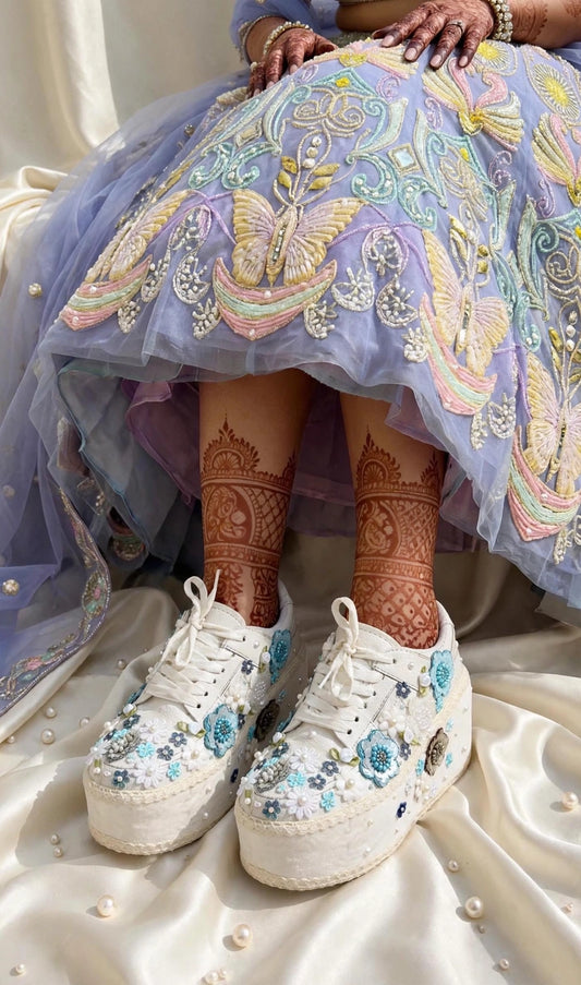 Princess Blue Floral Embroidered Platform Bridal Sneakers - White Wedding Sneakers for Bride